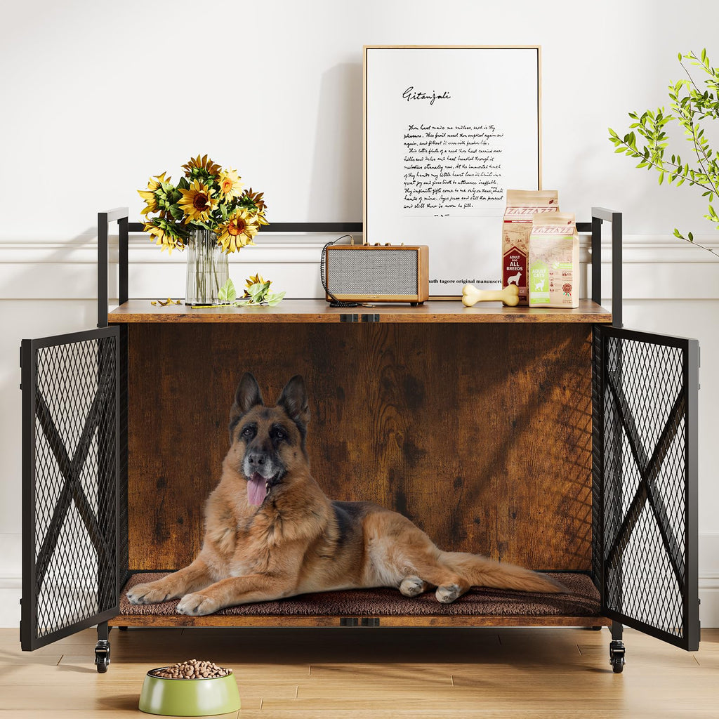 Garvee 31 Inch Dog Crate Furniture, Heavy Duty Dog Cage Furniture for Medium Dogs, Wooden Crates Indoor Kennels with Lockable 360° Wheels, Sturdy Dog Kennel Furniture Dog Crate with Divider