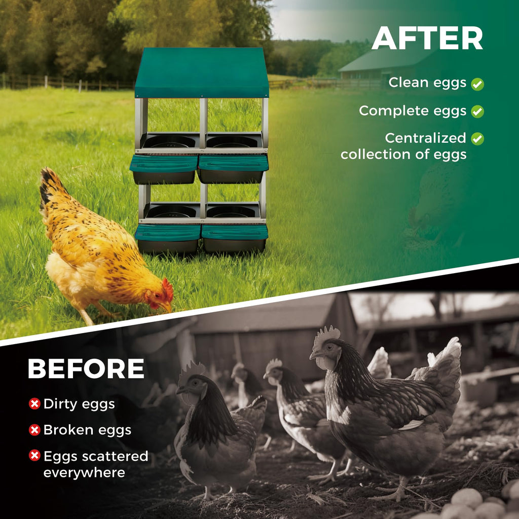 Garvee 4-Compartment 2-Tier Chicken Nesting Box – Roll-Away Tray & Support Stand, Green