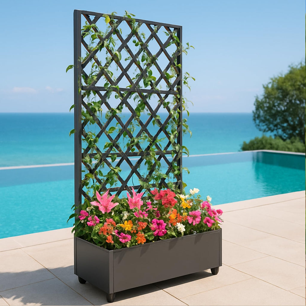 Garvee Metal Planter Box with Diamond Lattice Trellis - 72"x35" Galvanized Raised Garden Bed on Wheels for Climbing Plants and Vines, Black Finish