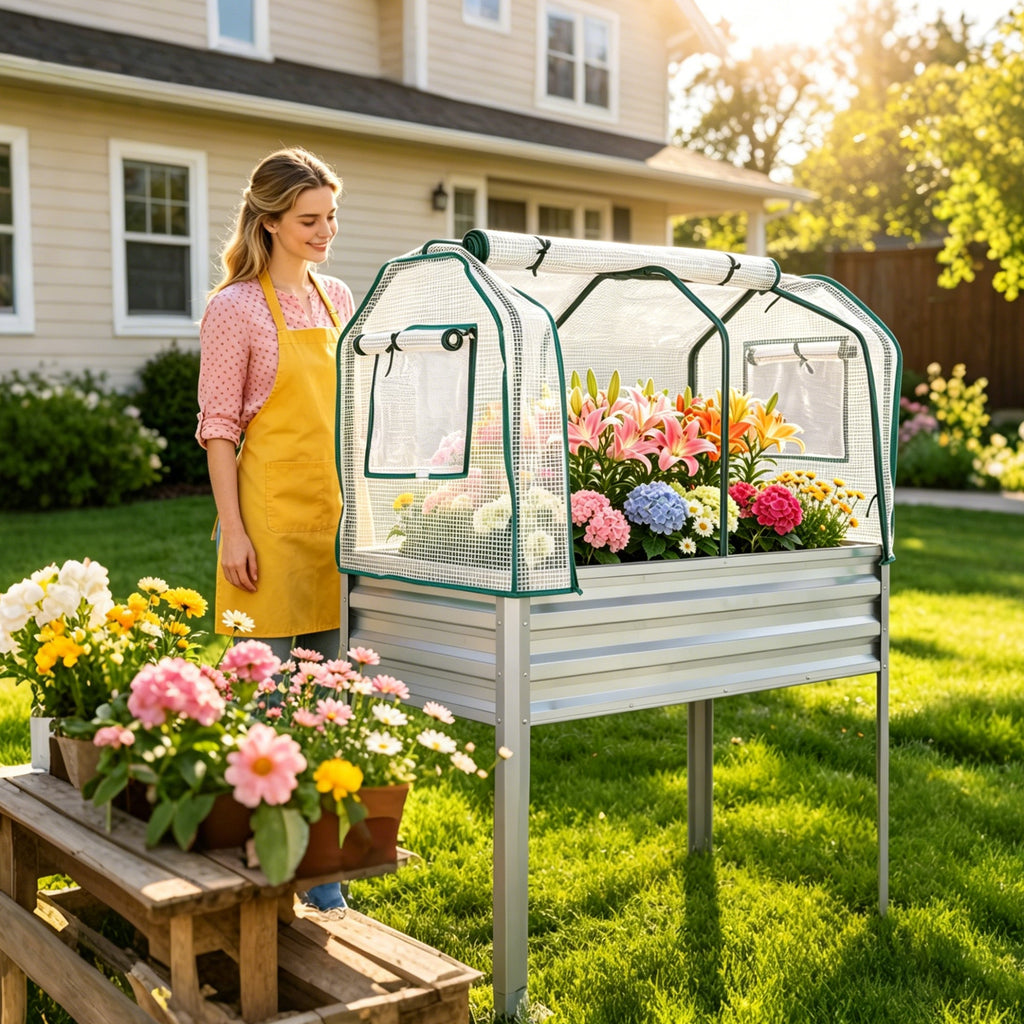 Garvee Raised Garden Bed with Cover 48" × 24" × 30", Silver Galvanized Metal Planter Box with PE Greenhouse Cover, Legs & Drainage Holes