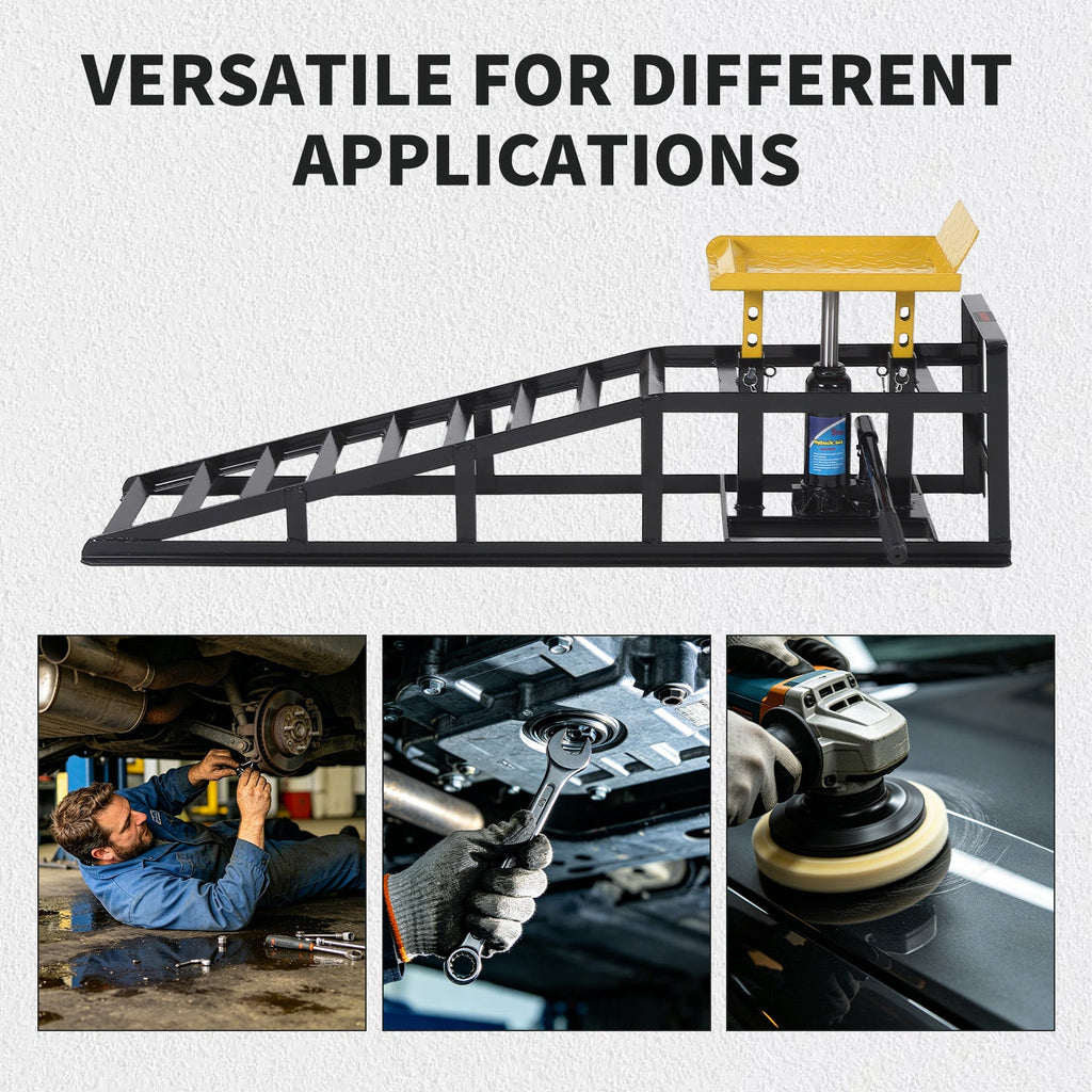 Garvee Heavy Duty Hydraulic Car Ramps 2-Pack – 11,000 lbs Capacity – Adjustable Low Profile Lift 11.6"-16.2" – Steel Construction – Non-Slip Surface – For Oil Changes, Brakes, Garage Repair – Black Shelf + Yellow Tablet