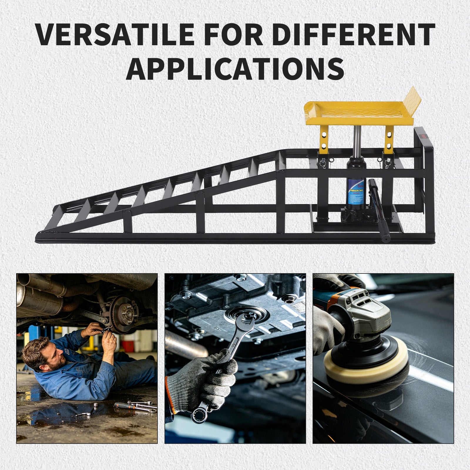 Garvee Heavy Duty Hydraulic Car Ramps 2-Pack – 11,000 lbs Capacity – Adjustable Low Profile Lift 11.6"-16.2" – Steel Construction – Non-Slip Surface – For Oil Changes, Brakes, Garage Repair – Black Shelf + Yellow Tablet