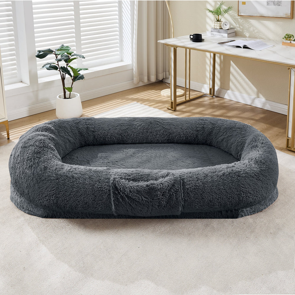 Garvee XL Orthopedic Memory Foam Dog Bed for Adults & Pets – Oversized Bean Bag Lounger, Washable Faux Fur, Side Pocket, Waterproof, No Assembly, Calming Nest for Anxiety Relief – Navy Blue