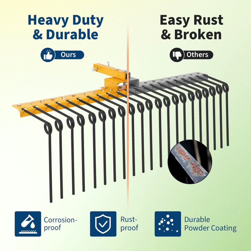 Garvee 60 in Pine Straw Rake with 21 Steel Spring Tines, Rust-Resistant Steel, Fits 2 in Receiver for Lawn Tractors & ATV/UTV, Orange, Landscape Use