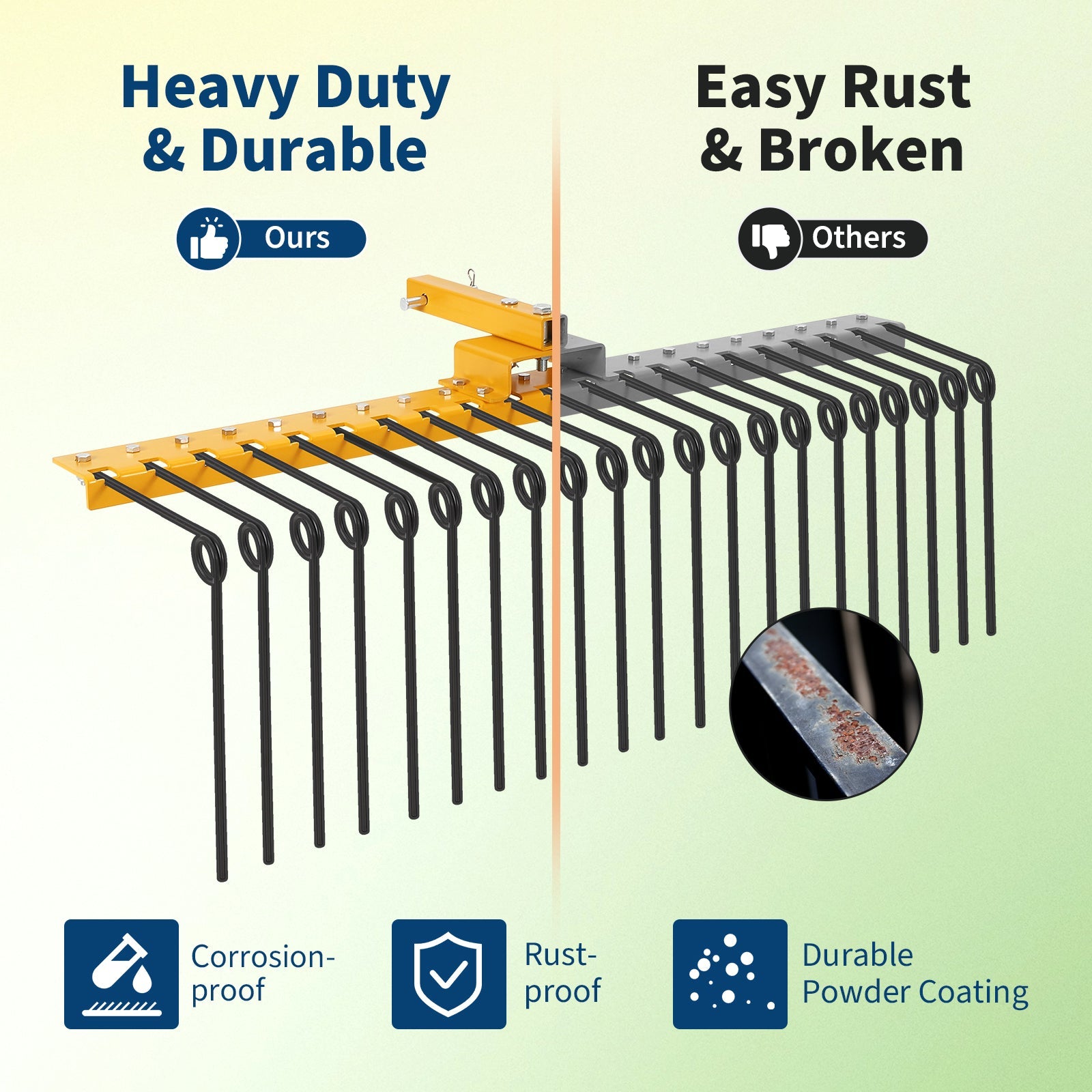 Garvee 60 in Pine Straw Rake with 21 Steel Spring Tines, Rust-Resistant Steel, Fits 2 in Receiver for Lawn Tractors & ATV/UTV, Orange, Landscape Use