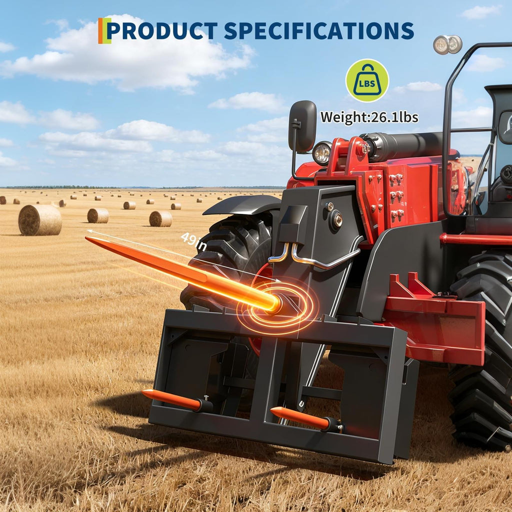 Garvee Reliable 49" Hay Spear - 3000lbs Capacity Bale Fork - Hex Nut & Sleeve Included - Heavy-Duty Orange Coated for Tractors & Skid Steer Loaders - Orange | with sleeve