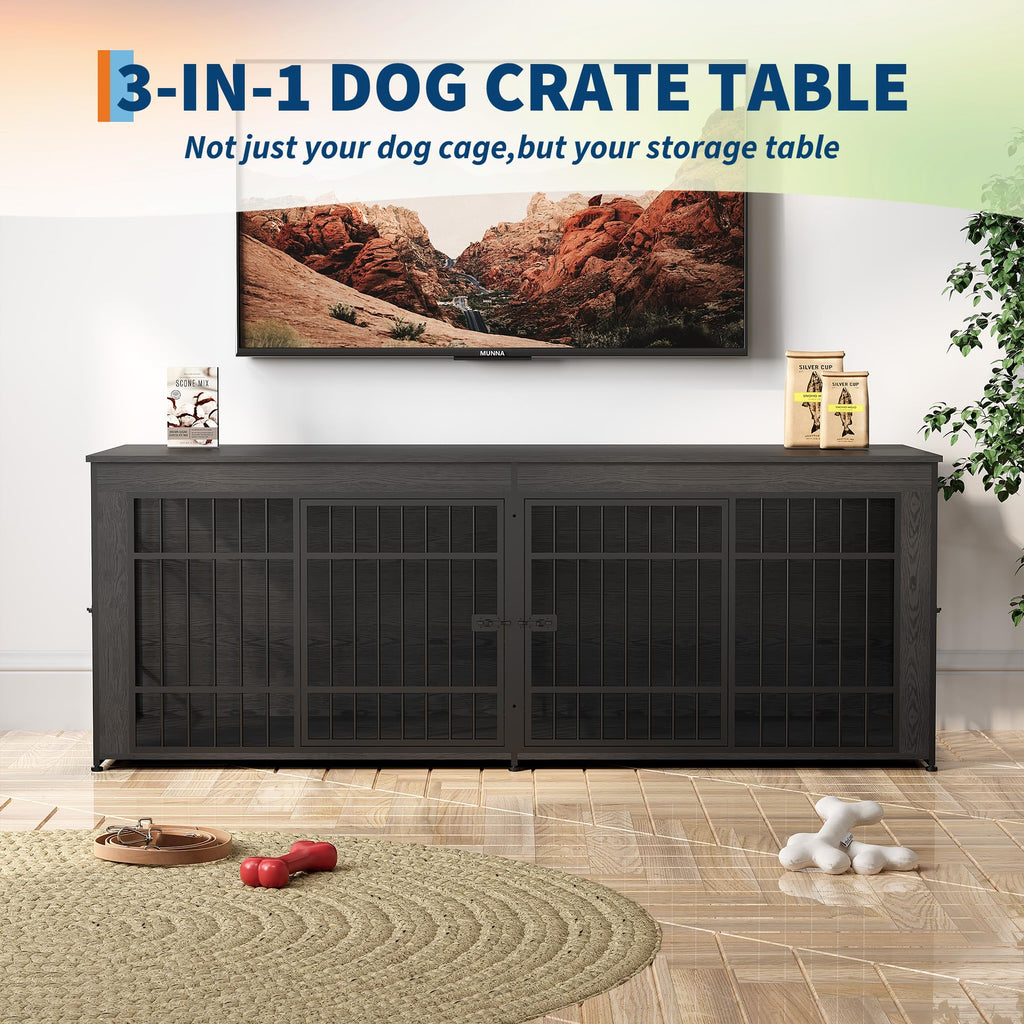 Garvee Heavy Duty Wooden Dog House Furniture – Large 3-in-1 Kennel, 4 Doors, Storage, End Table Style, Adjustable Feet, Vintage Gray, 6.6ft