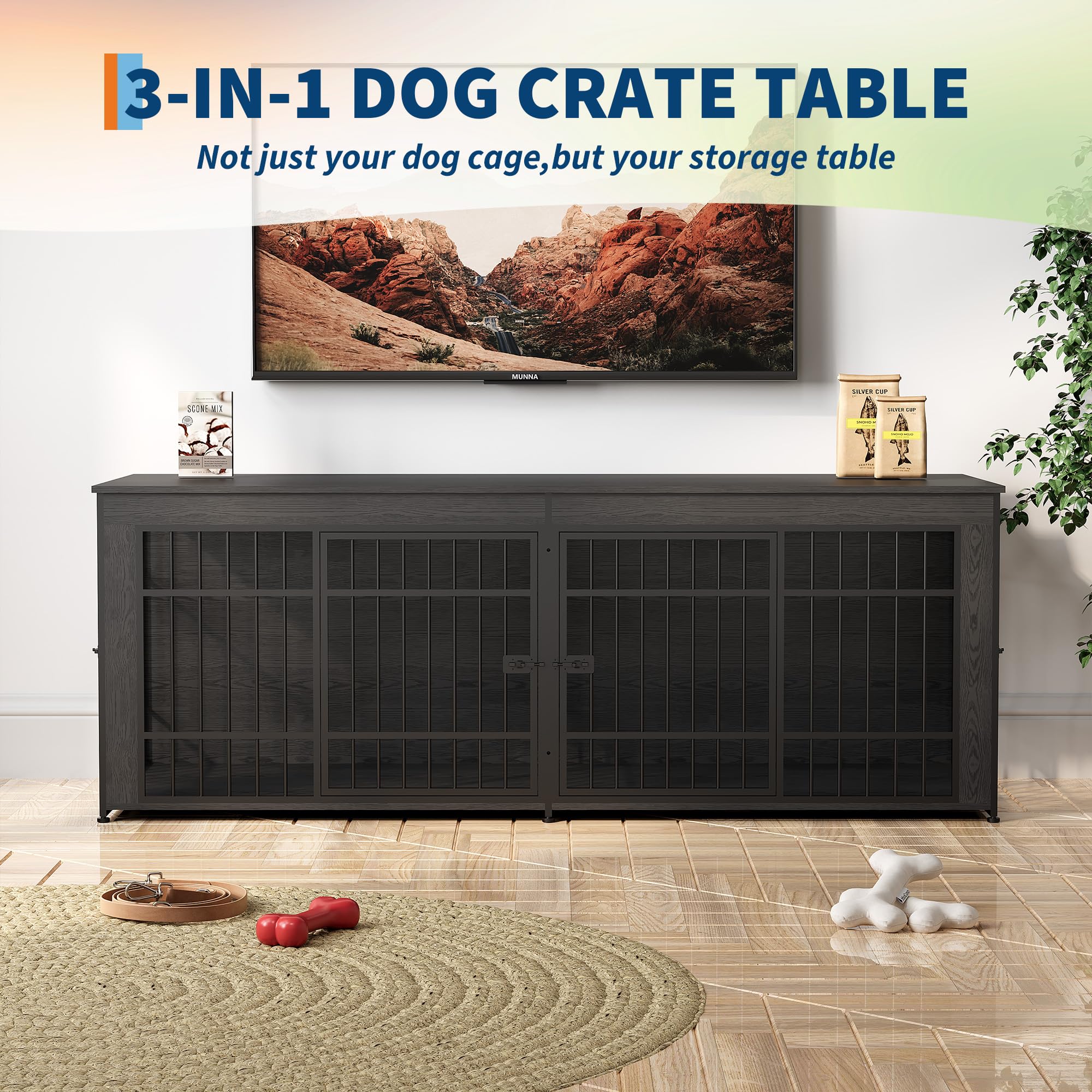 Garvee Heavy Duty Wooden Dog House Furniture – Large 3-in-1 Kennel, 4 Doors, Storage, End Table Style, Adjustable Feet, Vintage Gray, 6.6ft