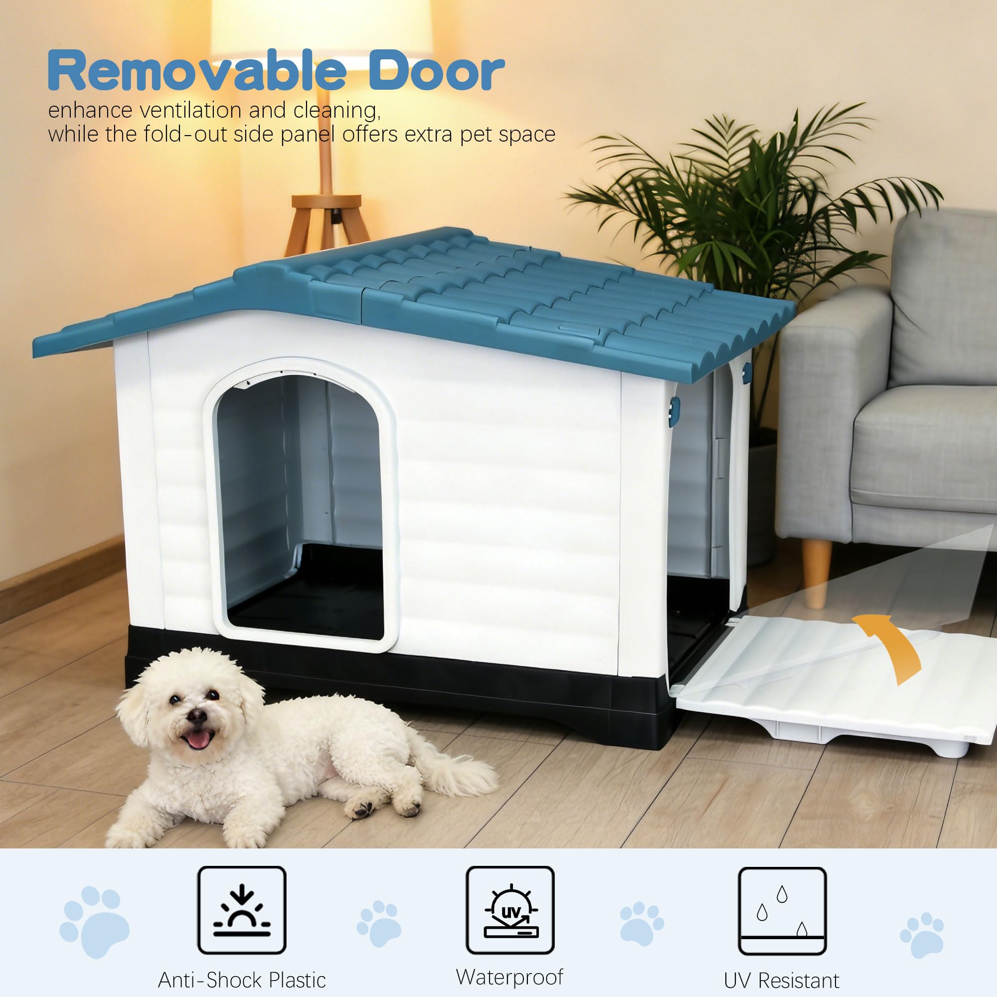 Garvee 2-Door Small Dog House for Indoor and Outdoor Dog House with Fold-Out Porch Elevated Base, Waterproof Pet House for Small and Medium Dogs, Easy Assembly, Blue (31''L x 21''W x 26''H)