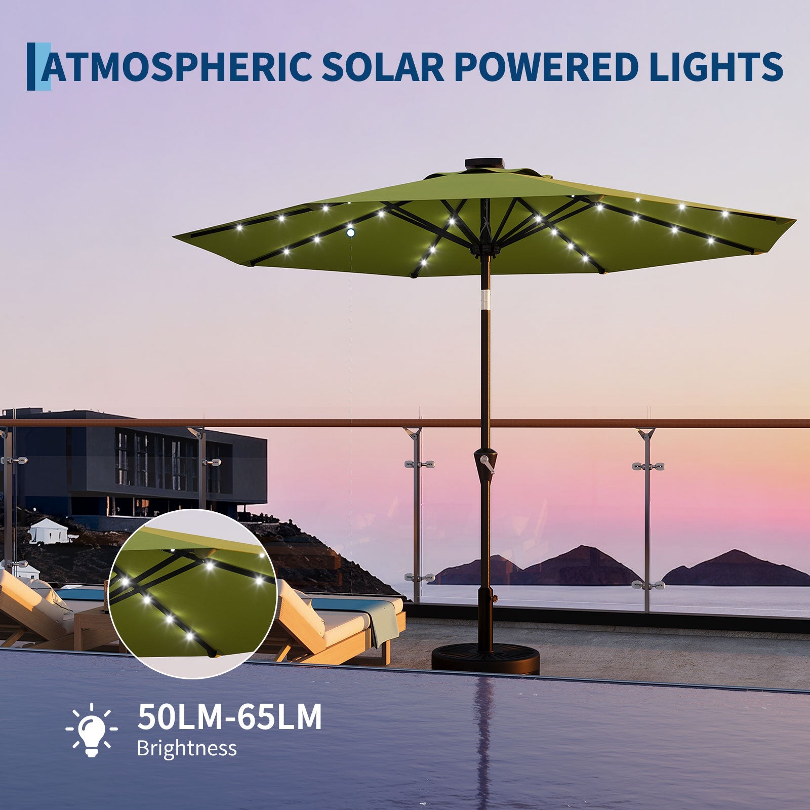 Garvee 9FT Solar LED Patio Umbrella, Waterproof Outdoor Market Table Umbrella with 8 Ribs, Crank Lift, Push Button Tilt, UV Protection for Garden, Pool & Deck, Grass Green ﻿