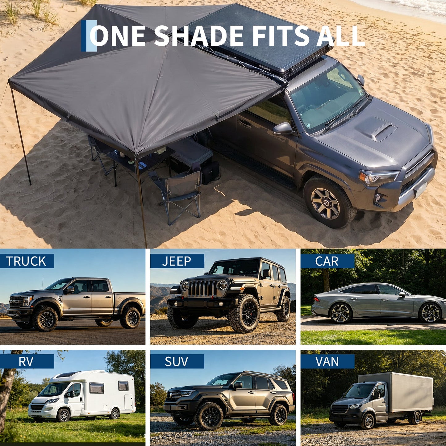 Garvee Heavy Duty 270° Car Awning - 2M Waterproof Blackout Sun Shelter, Ripstop Oxford for SUV Truck Camping - Black, Passenger Seat