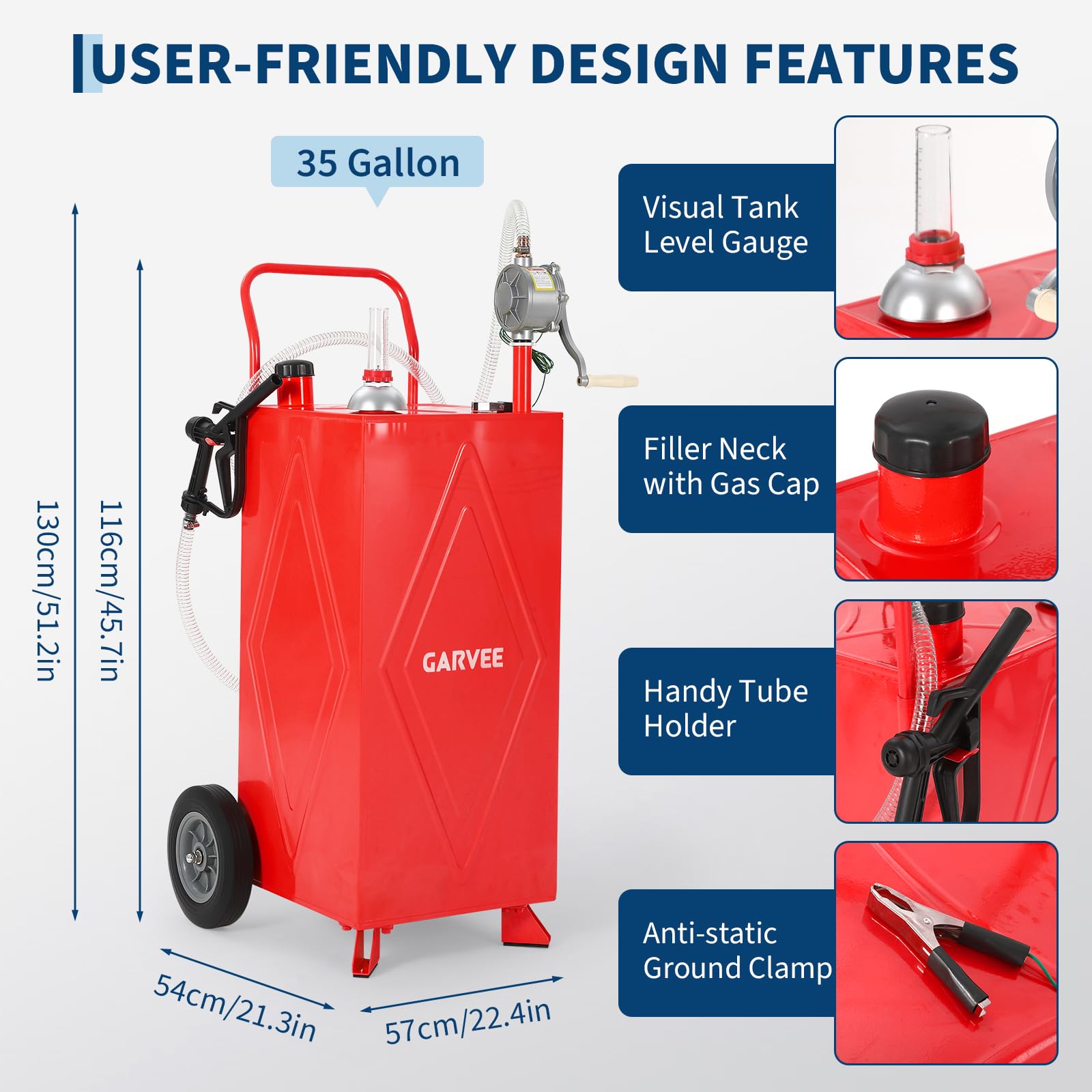 Garvee 35 Gallon Portable Fuel Gas Caddy Storage Tank – Manual Rotary Hand Pump, Fuel Hose, Wide Fill Neck, Level Gauge, Vented Cap, Grounding Clamp, Rolling Wheels – Gasoline/Fuel Transfer Tank for ATV, Tractor, Lawn Mower, Car, Boat – Reinforced 2-wheel