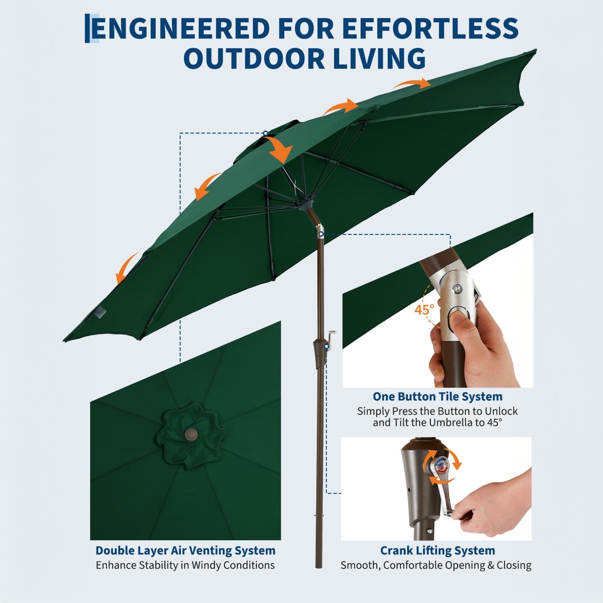 Garvee 10FT Outdoor Patio Umbrella, Outdoor Table Umbrella with Push Button Tilt and Crank, Market Umbrella with 8 Sturdy Ribs, UV Protection Waterproof for Garden Backyard Deck Pool, Dark Green
