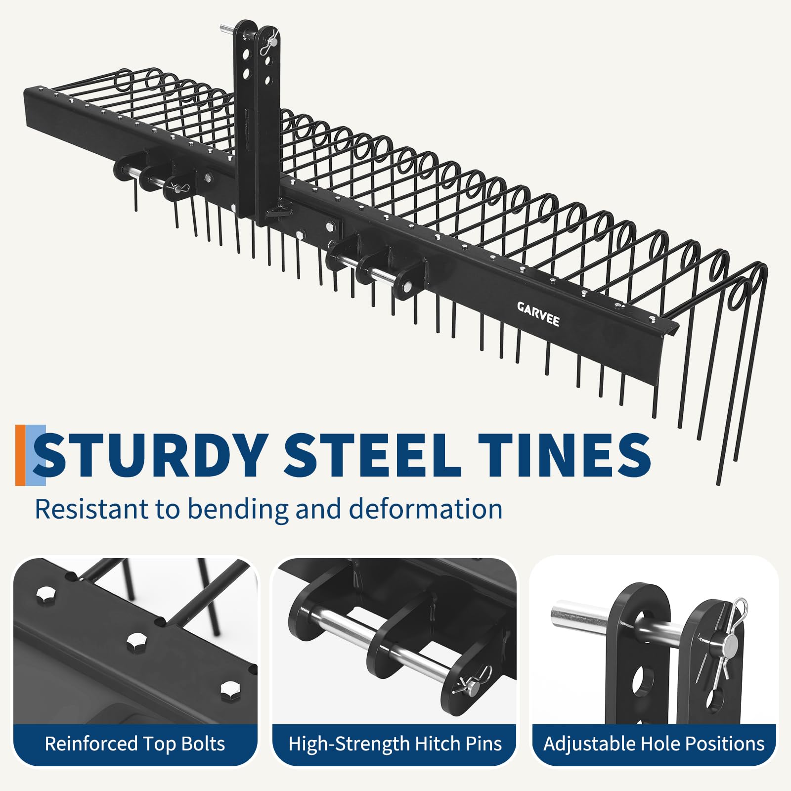 Garvee 72" Tow Behind Landscape Rake with 30 Steel Tines, Quick Hitch, Heavy Duty Powder Coated, Fits Category 1 Tractors, Yard Cleaning Tool