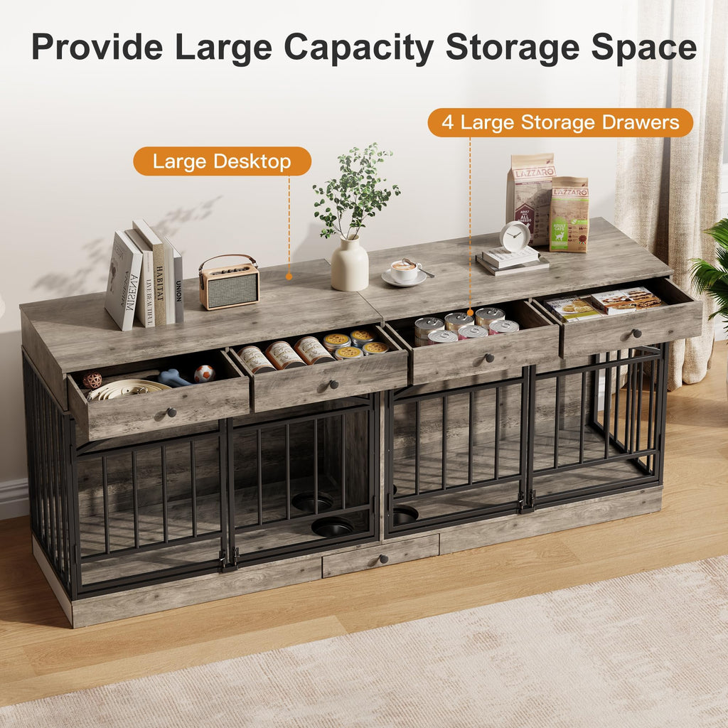 Garvee 78.7" Double Dog Crate Furniture with Storage and 4 Doors, Dog Kennel Indoor with Feeding Bowls, Wood Dog Crate TV Stand for Small Medium Dogs, Gray