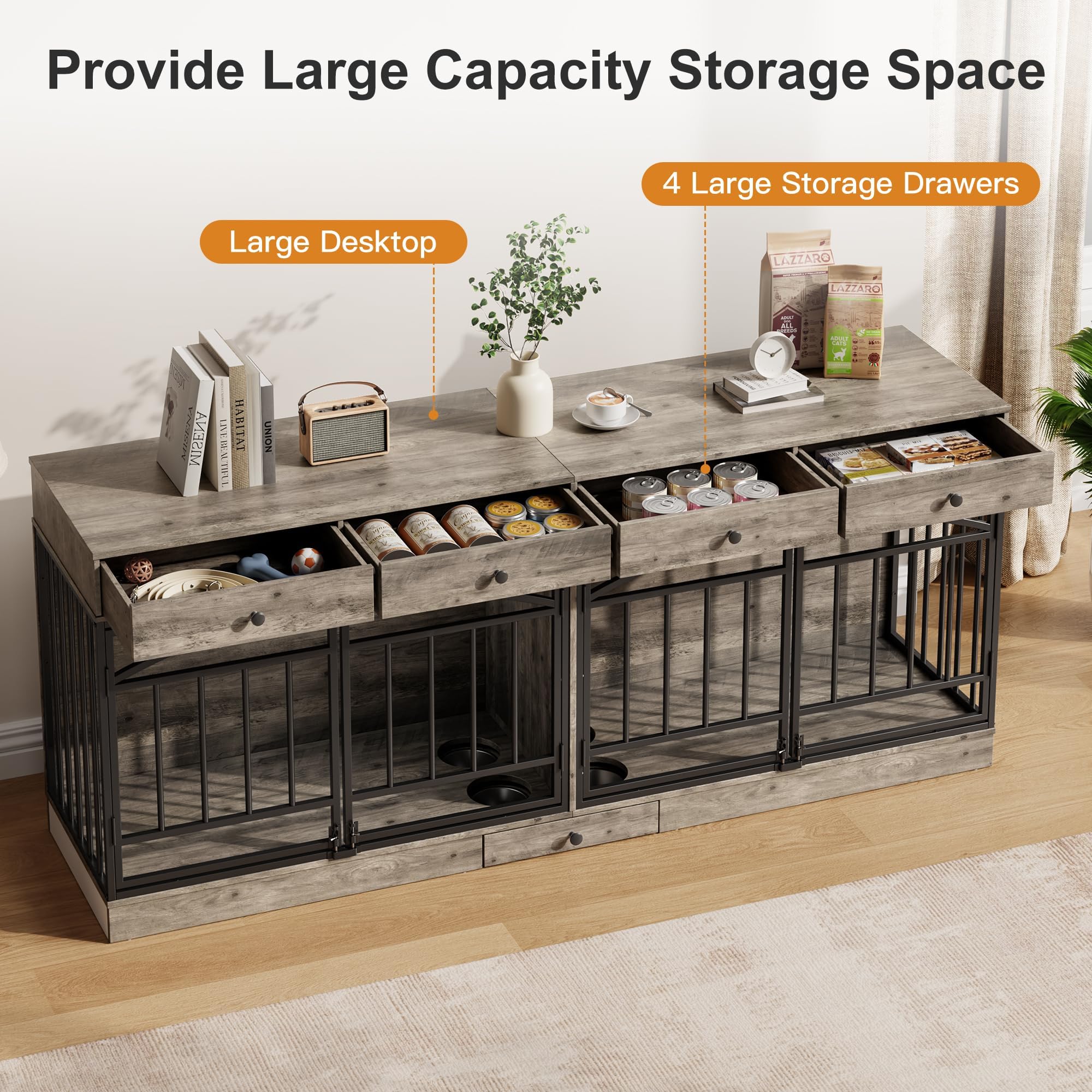 Garvee 78.7" Double Dog Crate Furniture with Storage and 4 Doors, Dog Kennel Indoor with Feeding Bowls, Wood Dog Crate TV Stand for Small Medium Dogs, Gray