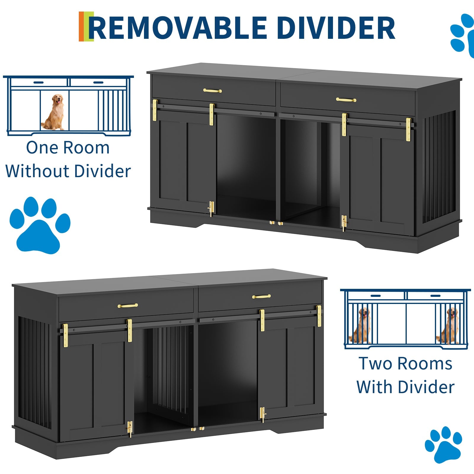 Garvee 71" Extra Large Dog Crate Furniture, Heavy Duty Wood  Double Kennel Furniture with Removable Divider, 2 Lockable Doors & 2 Drawers, Indoor Pet Crate End Table TV Stand for Living Room