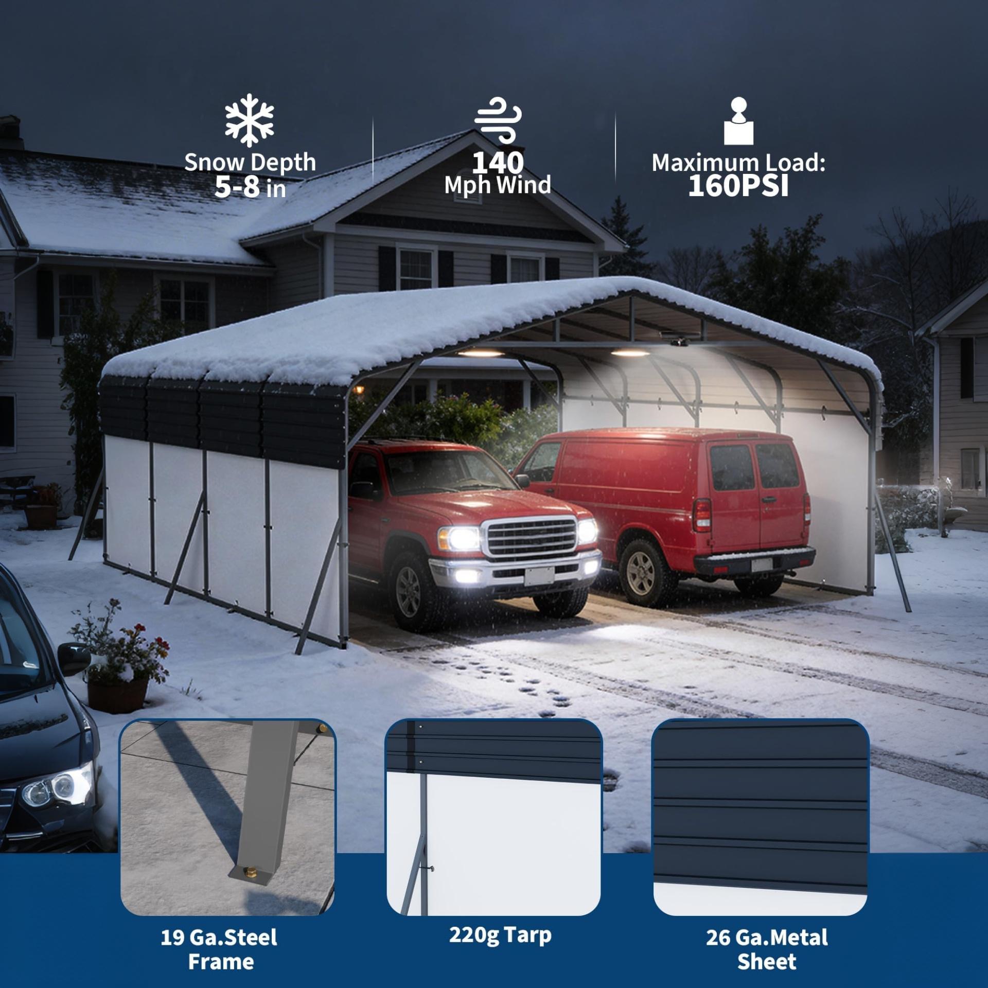 Garvee 20x20 FT Heavy Duty Metal Carport, 400 Sq. Ft. Galvanized Steel Roof Shelter with Solar LED Lamp & Removable White PE Sidewalls for 2 Cars, Boats & Trucks, Dark Gray