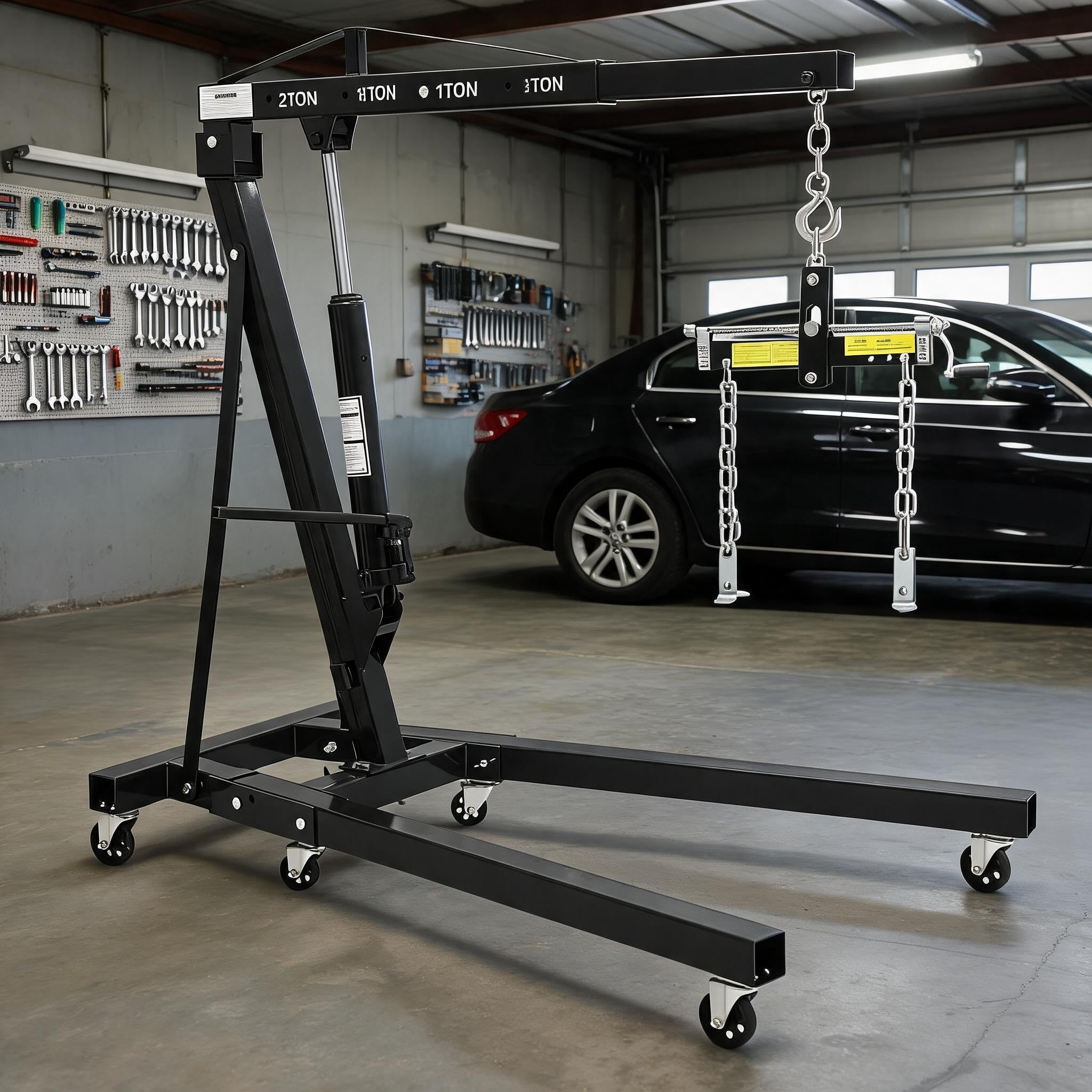 Garvee 2 Ton Folding Hydraulic Engine Hoist with Load Leveler – Heavy Duty Cherry Picker Crane – 4400 lbs Capacity – Adjustable Telescopic Boom – 6 Swivel Wheels – Automotive Repair, Garage, Workshop – Black with Sound Controller