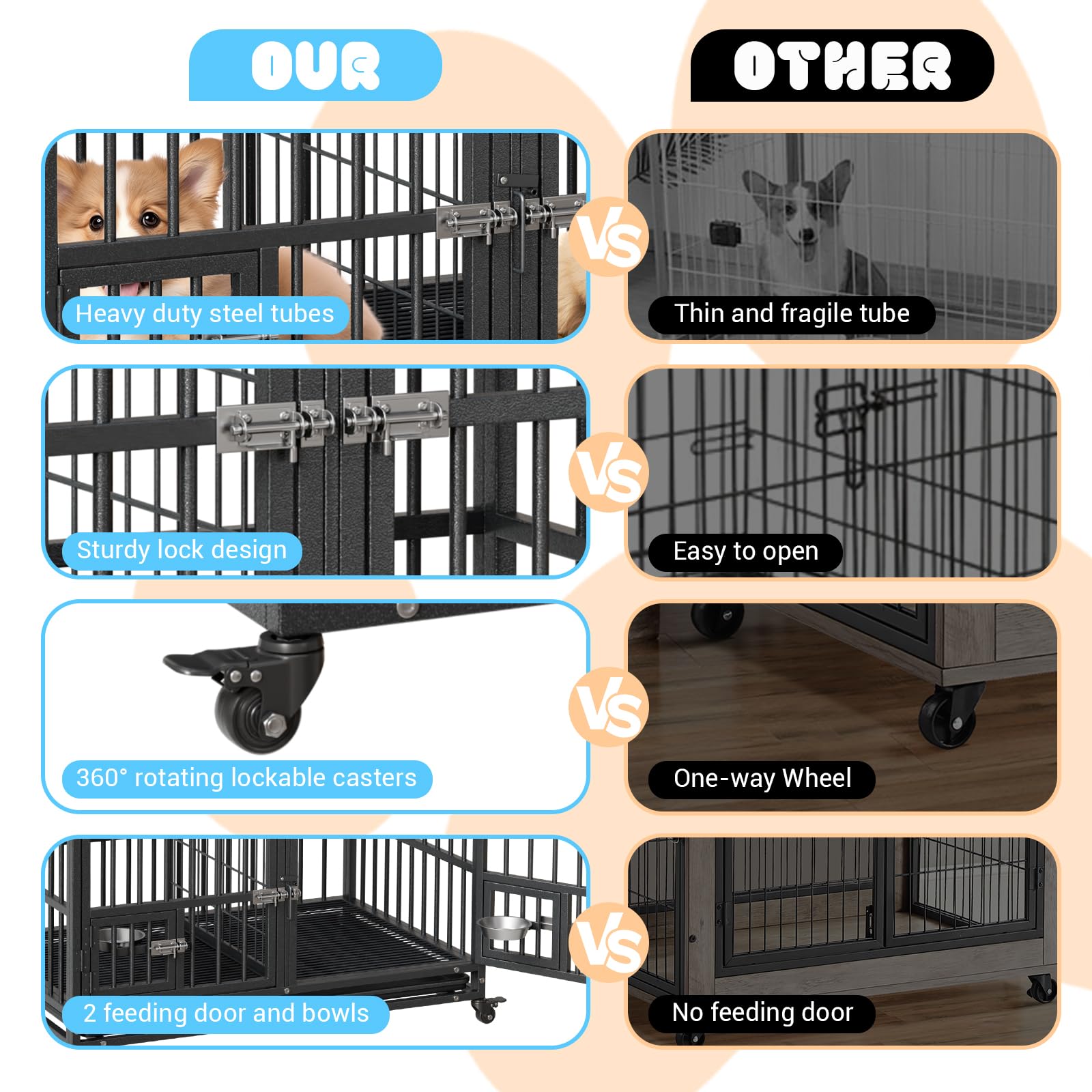 Garvee Heavy Duty Dog Crate with Food Bowl, 48 Inch Escape-Proof Metal Kennel with Divider, Double Doors, Removable Tray, Lockable Wheels, Indoor Outdoor Dog Cage for Small to Large Dogs