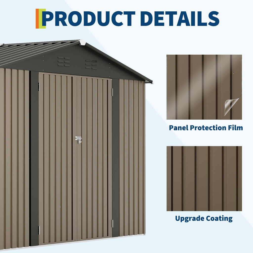 Garvee 10 x 12 FT Outdoor Storage Shed, 143 x 119 x 65 in Galvanized Steel Garden Shed with Lockable Door, Cross Windows and Peaked Roof, Brown