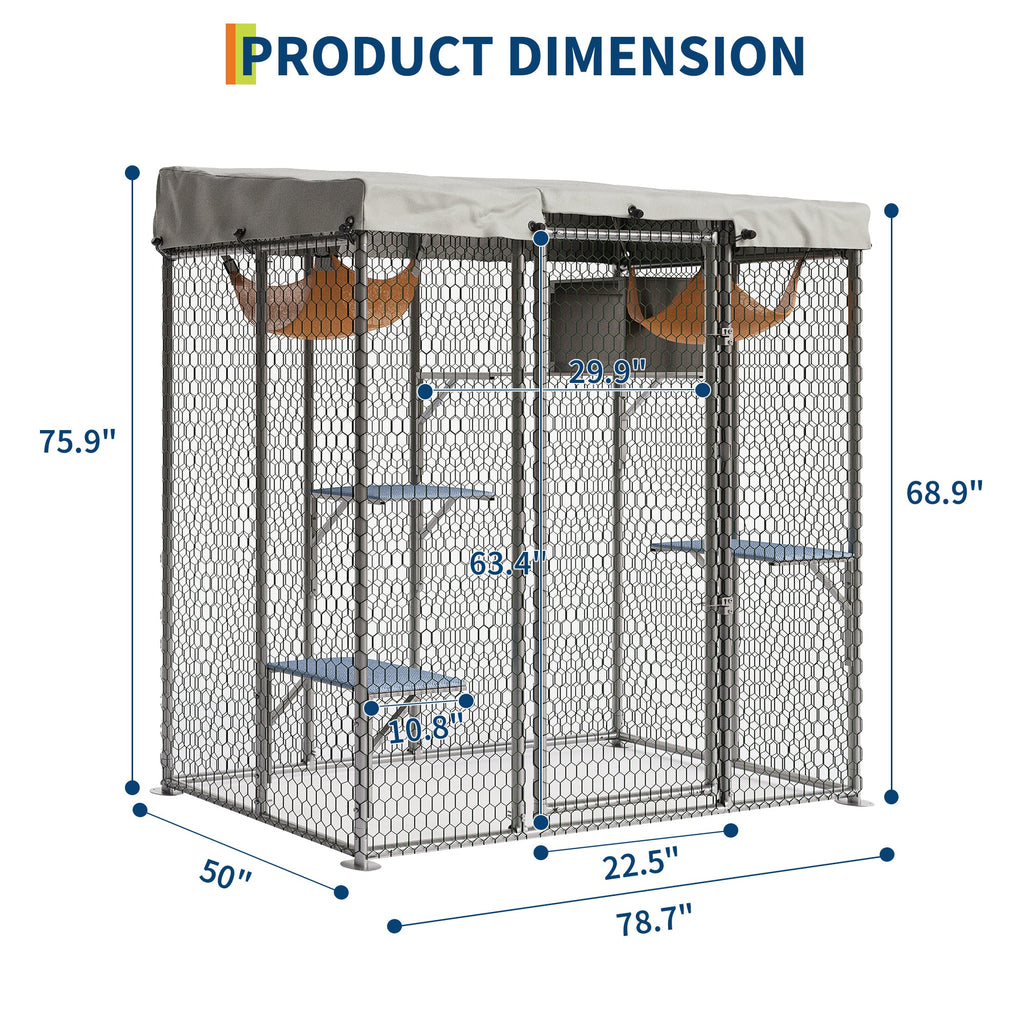 Garvee Large Outdoor Cat House Catio, Walk-In Metal Enclosure with 4 Platforms, Hammock, Weatherproof Canopy, Resting Condo, Spacious Shelter for Multiple Cats, Patio/Yard Use – Size JYCC-X200