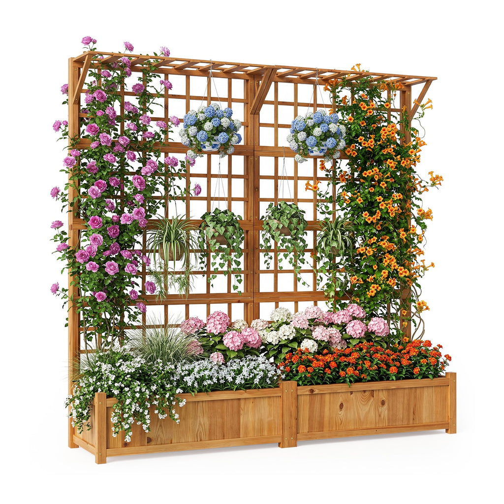 Garvee 71" Raised Garden Bed with Trellis, Fir Wood Planter Box with Hanging Roof & Drainage for Climbing Vines