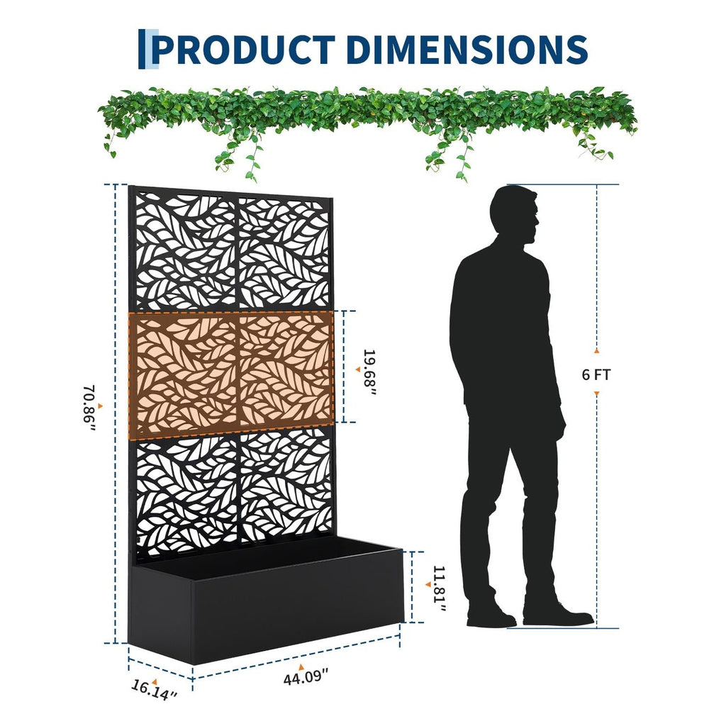 Garvee Raised Planter Box with Trellis for Climbing Plants, 71 x 44 x 16 in All-Weather Metal Garden Bed with Privacy Screen, Drainage Holes, Black