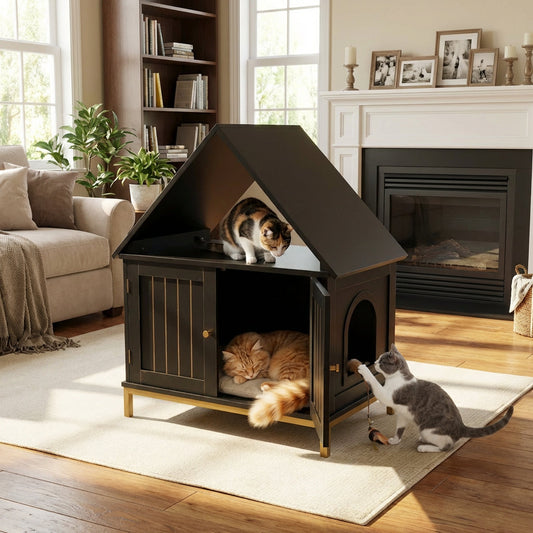 Garvee Cat Litter Box Enclosure, Wooden Litter Box Furniture Hidden, Modern Cat Washroom Furniture with Barn Door, Indoor Cat House, End Table, Fit Most of Litter Box