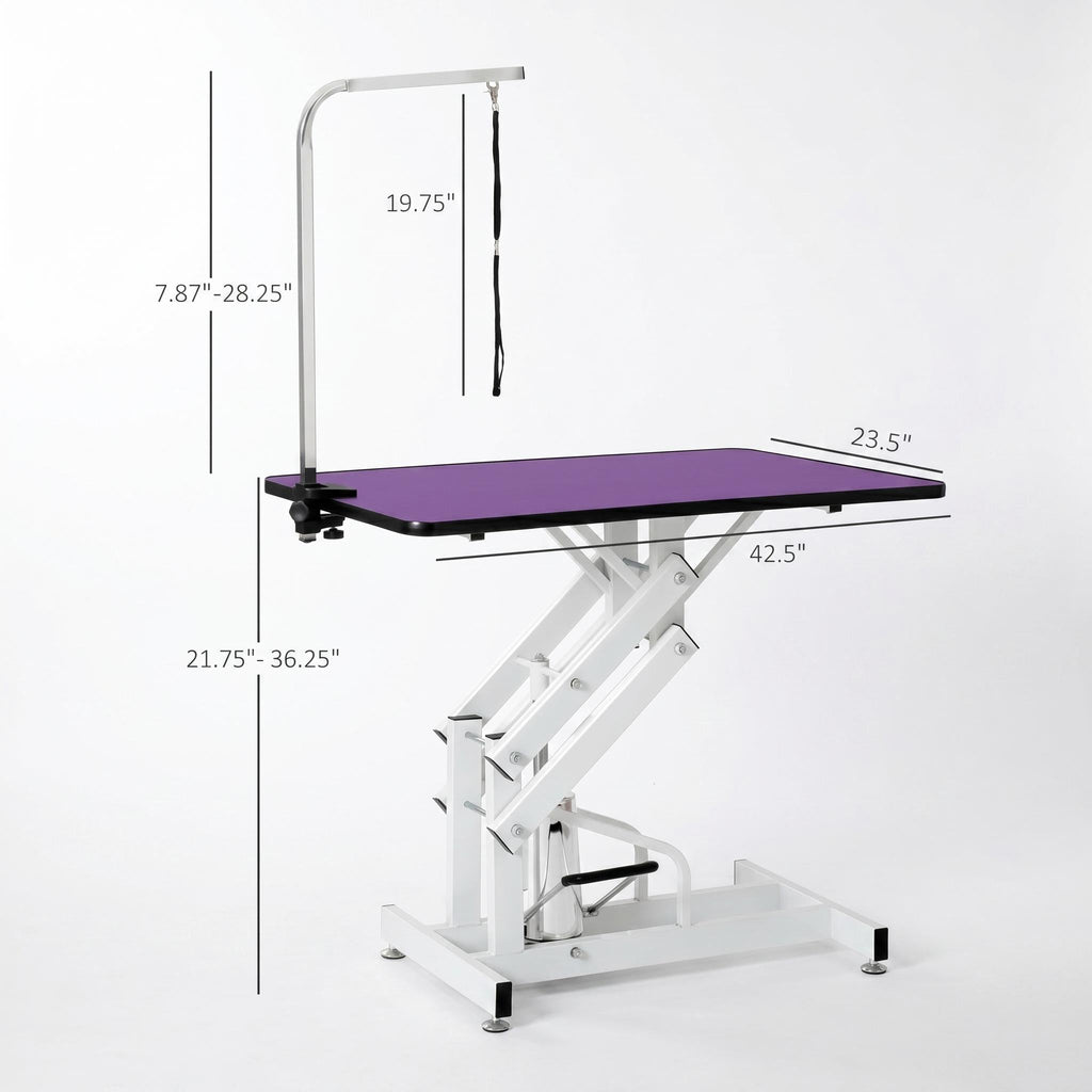 Garvee 42.5" Hydraulic Dog Grooming Table for Pet, Heavy Duty Z-Lift Hydraulic Max Load 350Lbs Professional Pet Grooming Table for Dogs with Adjustable Arm Noose Non-Slip Rubber Surface, Purple