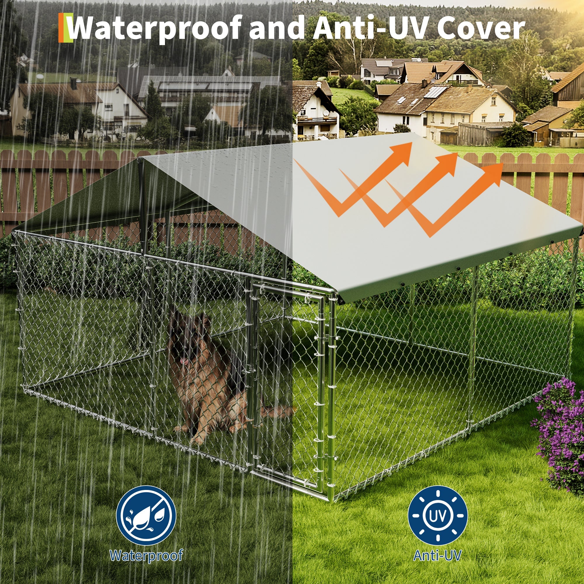 Garvee Large Outdoor Dog Kennel with Waterproof & UV-Resistant Cover, Galvanized Chain Link Dog Run, Heavy Duty Pet House Pet Playpen for Outside Backyard Farm Use, 10x10x6ft