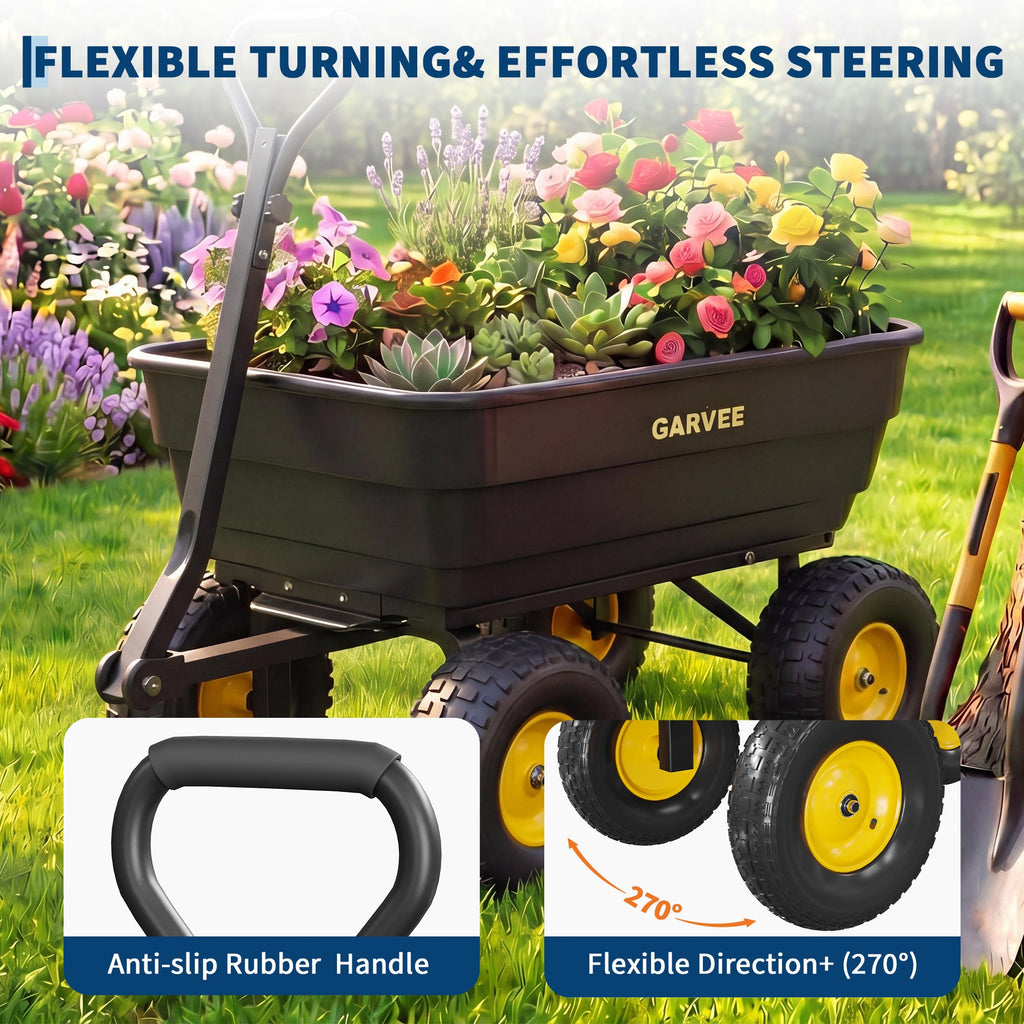 Garvee 1200 lb Heavy-Duty Poly Garden Dump Cart, Utility Wagon with 13" No-Flat All-Terrain Tires, Quick-Release Dump System, Convertible Tow Handle & Reinforced Steel Frame for Yard, Soil, Mulch & Landscaping, Black/Yellow