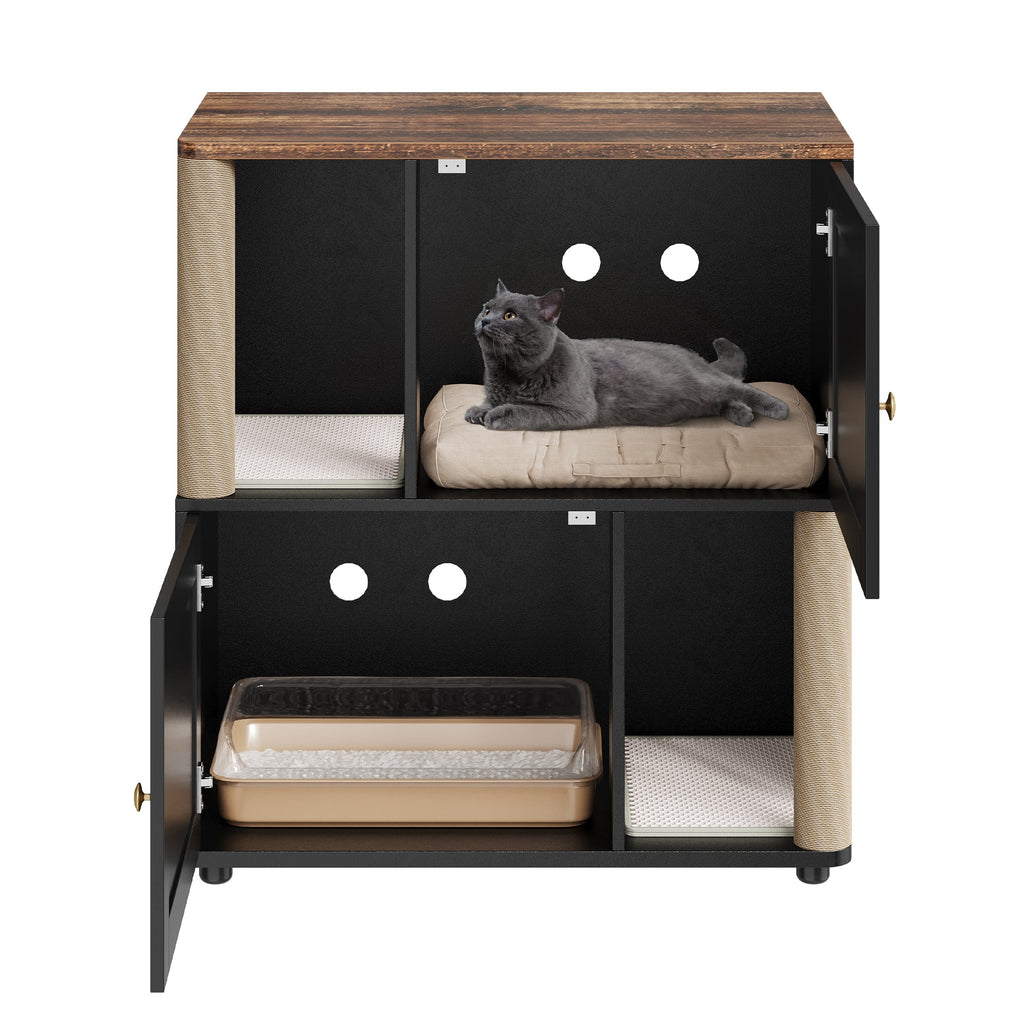 Garvee Double Cat Litter Box Enclosure for 2 Cats – 2-Tier Corner Cabinet with Marking Post, Litter Mats, Large Particle Board, Cat Washroom, Bed & Pet Waste Storage – Basic Black Model