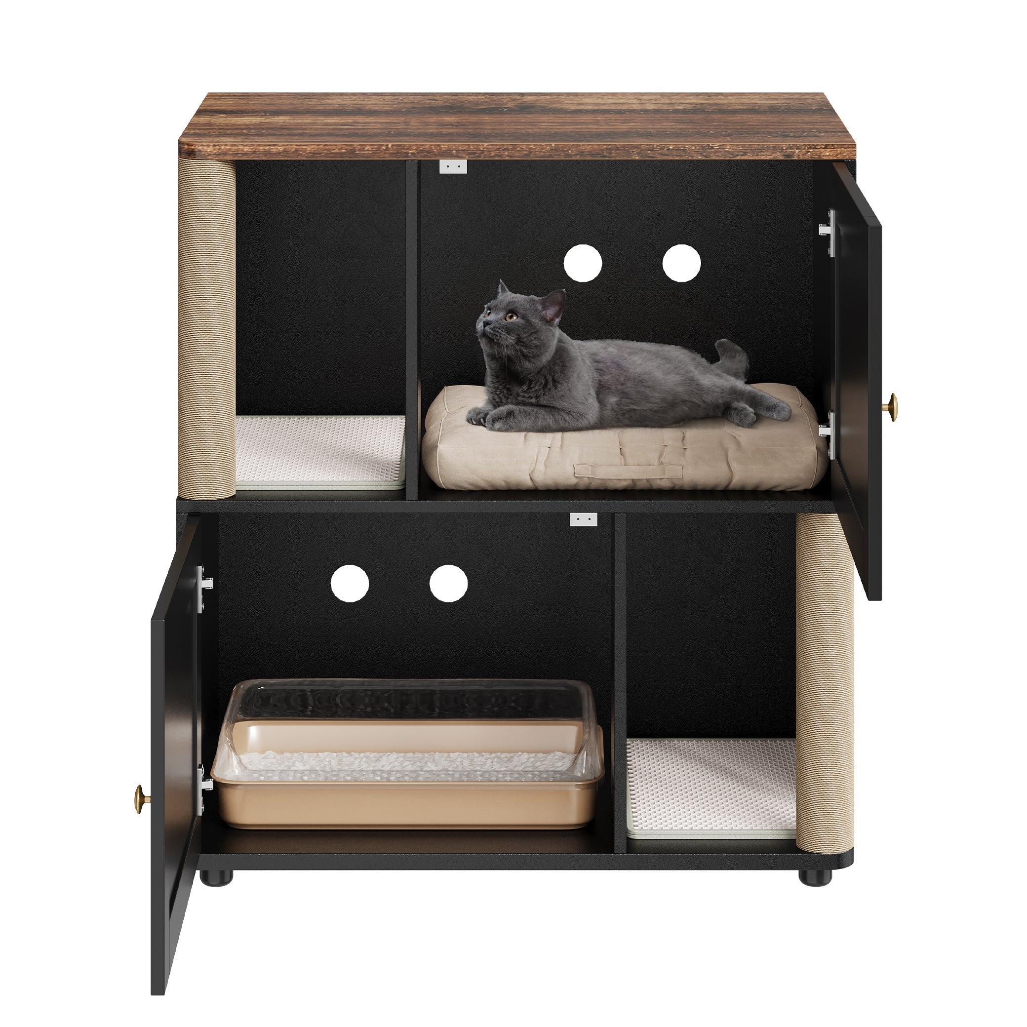 Garvee Double Cat Litter Box Enclosure for 2 Cats – 2-Tier Corner Cabinet with Marking Post, Litter Mats, Large Particle Board, Cat Washroom, Bed & Pet Waste Storage – Basic Black Model