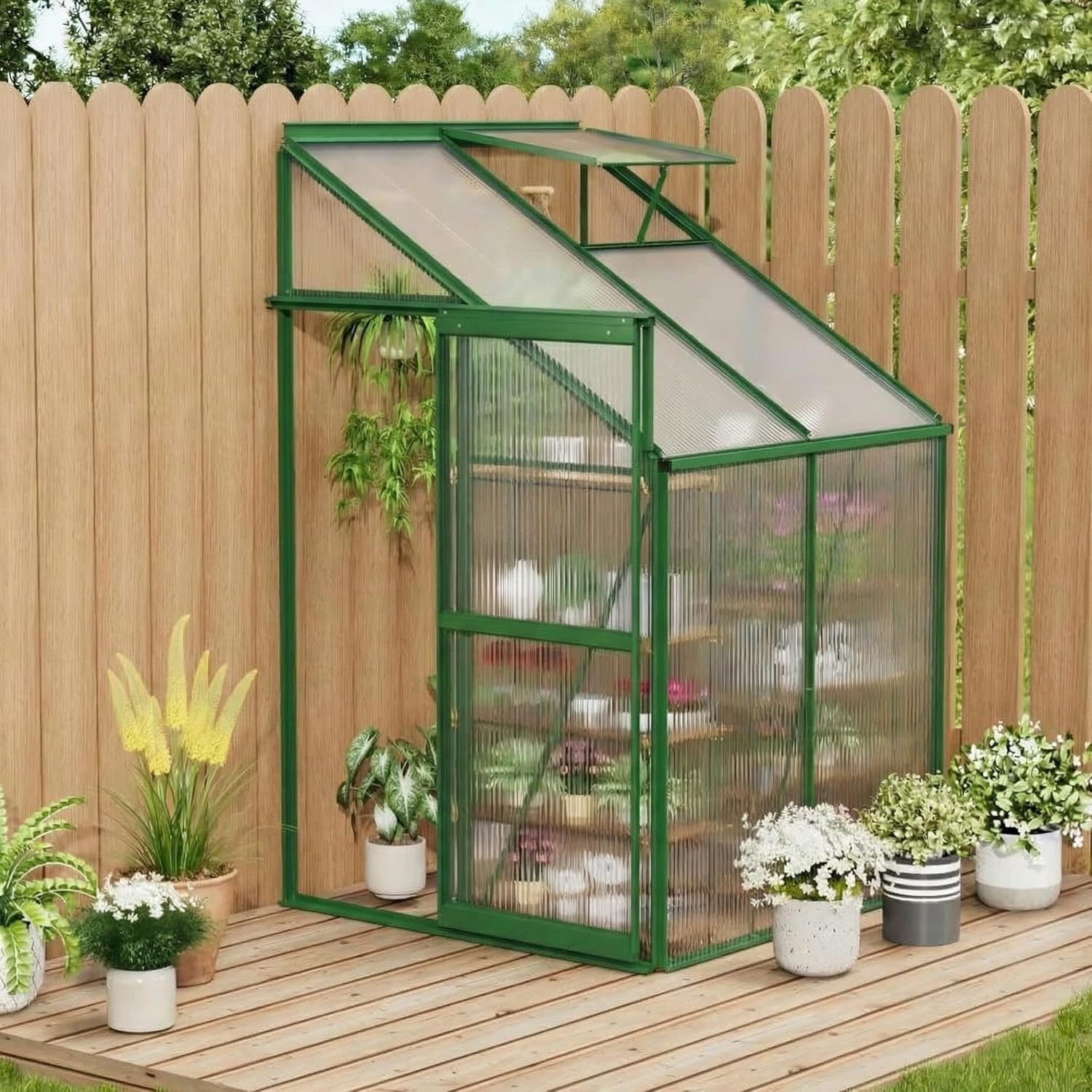 Garvee 4×4FT Lean-To Polycarbonate Greenhouse Kit, Heavy Duty Walk-In Plant Shelter with Sliding Door & Adjustable Roof Vent, Green