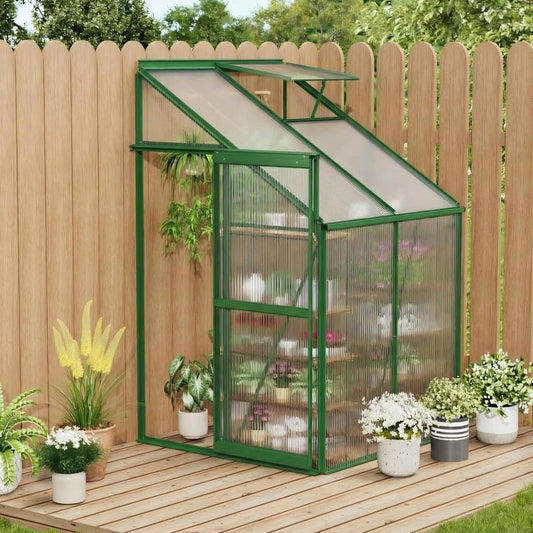 Garvee 4×4FT Lean-To Polycarbonate Greenhouse Kit, Heavy Duty Walk-In Plant Shelter with Sliding Door & Adjustable Roof Vent, Green