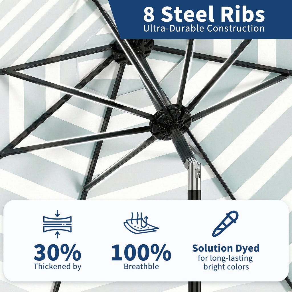 Garvee 9 ft Outdoor Patio Umbrella with Crank Lift, Push-Button Tilt, UV-Resistant Waterproof Canopy for Pool, Deck & Yard, Turquoise & White Stripes