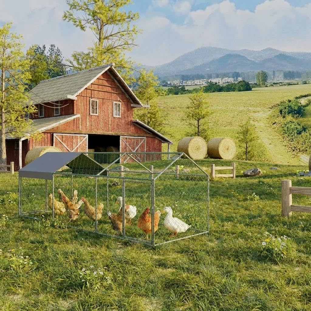 Garvee 118" x 39" Large Metal Chicken Coop with Outdoor Run - Galvanized Steel Poultry Cage with Waterproof Weather Cover & 2 Easy-Access Doors for Backyard Chickens, Ducks, & Rabbits (Silver)