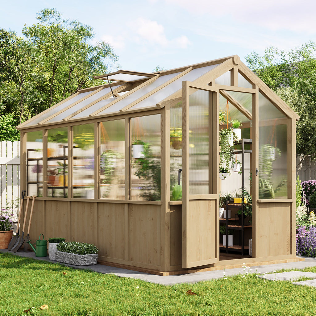 Garvee Walk-In Wooden Greenhouse for Outdoors – Heavy Duty Spruce Frame, PC Panels, Adjustable Roof Vent, Lockable Door – Garden Outdoor Storage for Backyard, Patio, Lawn – 6x10 Natural Wood Color