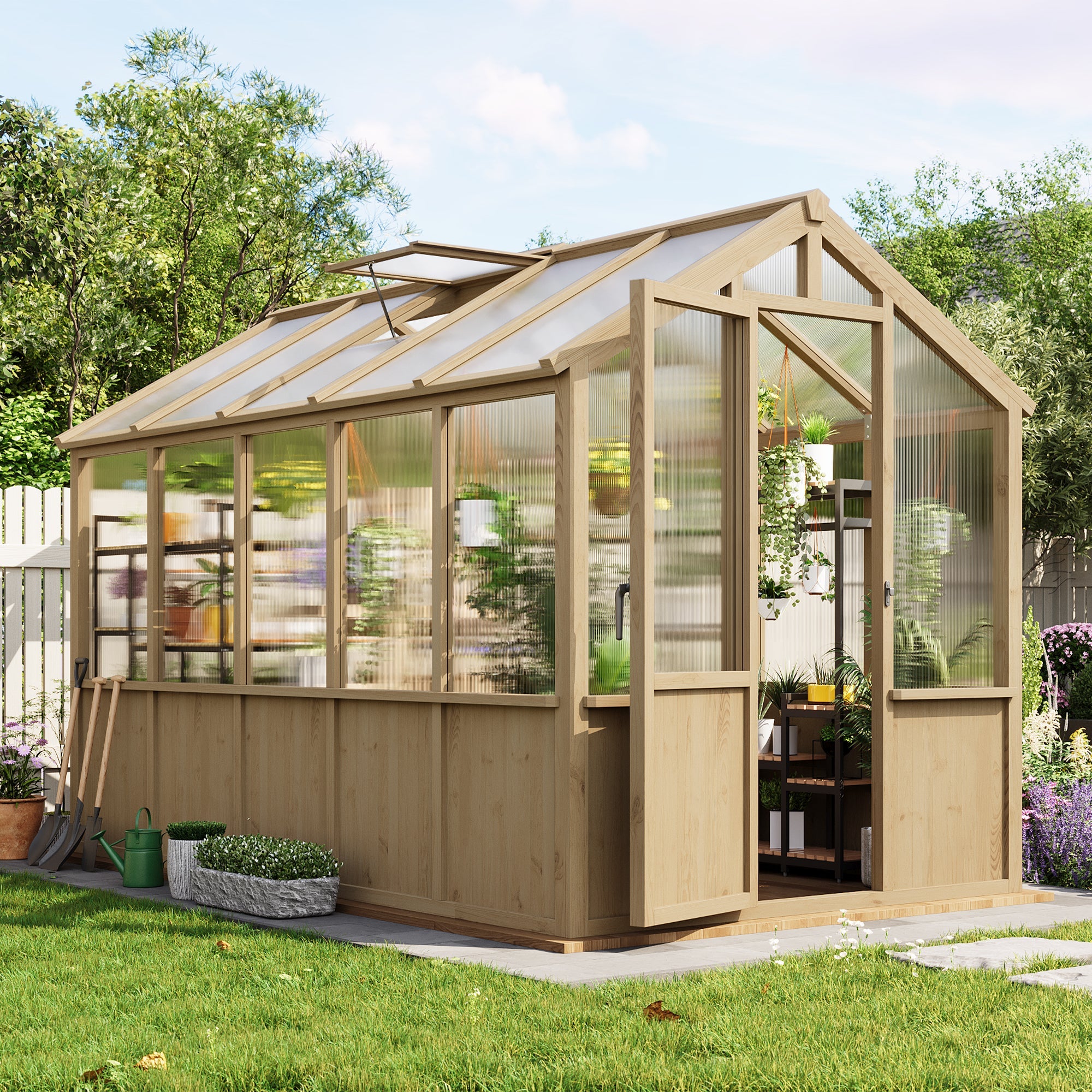 Garvee Walk-In Wooden Greenhouse for Outdoors – Heavy Duty Spruce Frame, PC Panels, Adjustable Roof Vent, Lockable Door – Garden Outdoor Storage for Backyard, Patio, Lawn – 6x10 Natural Wood Color
