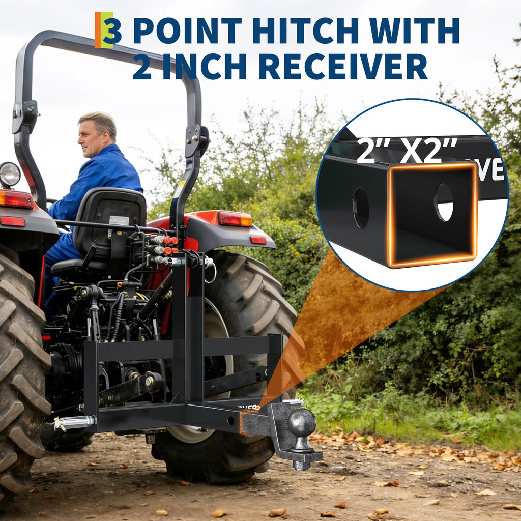 Garvee Heavy Duty 3 Point Hitch Receiver for Tractor – 2" Category 1 Quick Attach Drawbar Adapter – Includes Suitcase Weight Brackets – Ideal for Farm Equipment – Black