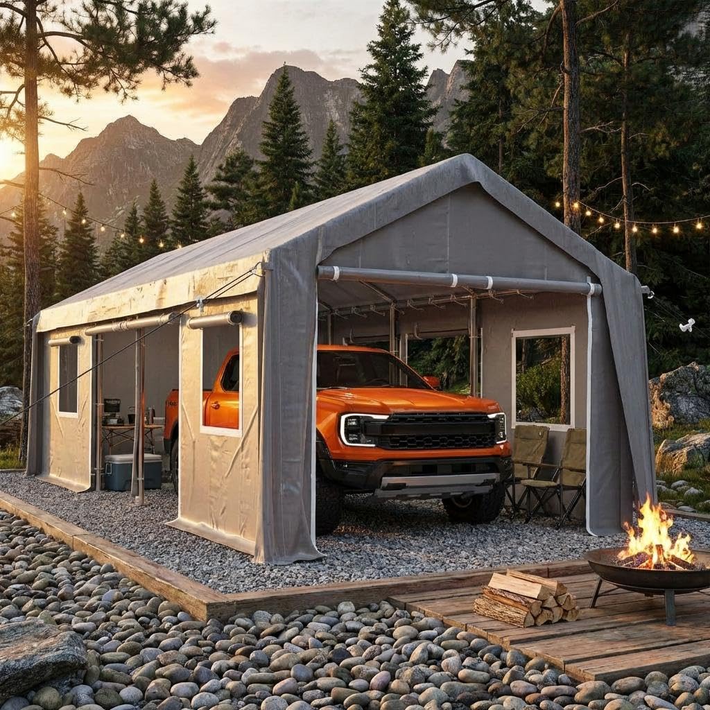 Garvee 10 x 20 FT Carport Replacement Cover Kit, 200G PE Tarp with Front & Rear Zipper Doors, 2 Roll-Up Side Openings and 4 Mesh Windows, Gray, Frame Not Included