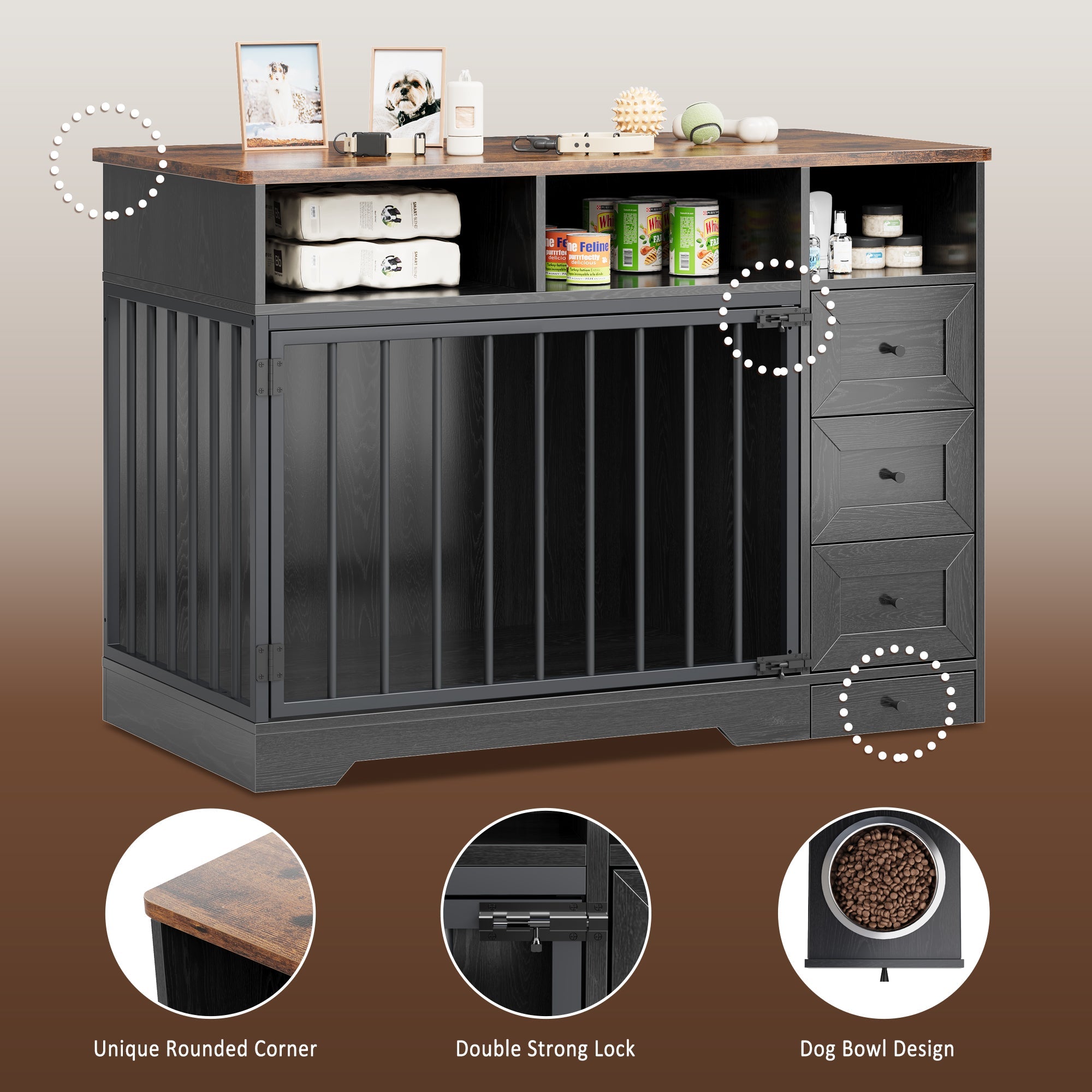 Garvee 48" Dog Crate Furniture with Bowls, Heavy Duty Dog Kennel End Table with 3 Storage Drawers, Locking Door, Farmhouse Style Pet Crate Cabinet for Medium Small Dogs, Black