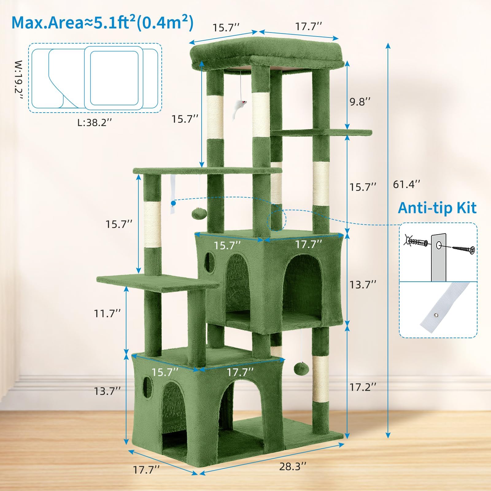 Garvee 61" Multi-Level Cat Tree for Indoor Cats, Heavy-Duty Tower for Large Adult & Maine Coon Cats with Oversized Perch, Dual Condos, Natural Sisal Scratching Posts & Play Toys – Green