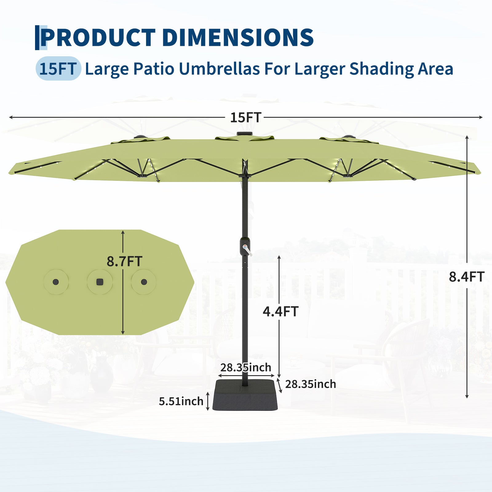 Garvee 15' Rectangular Patio Umbrella with Solar LED Lights & Base, Crank Handle UV-Resistant Outdoor Market Umbrella for Backyard, Pool & Patio, Green