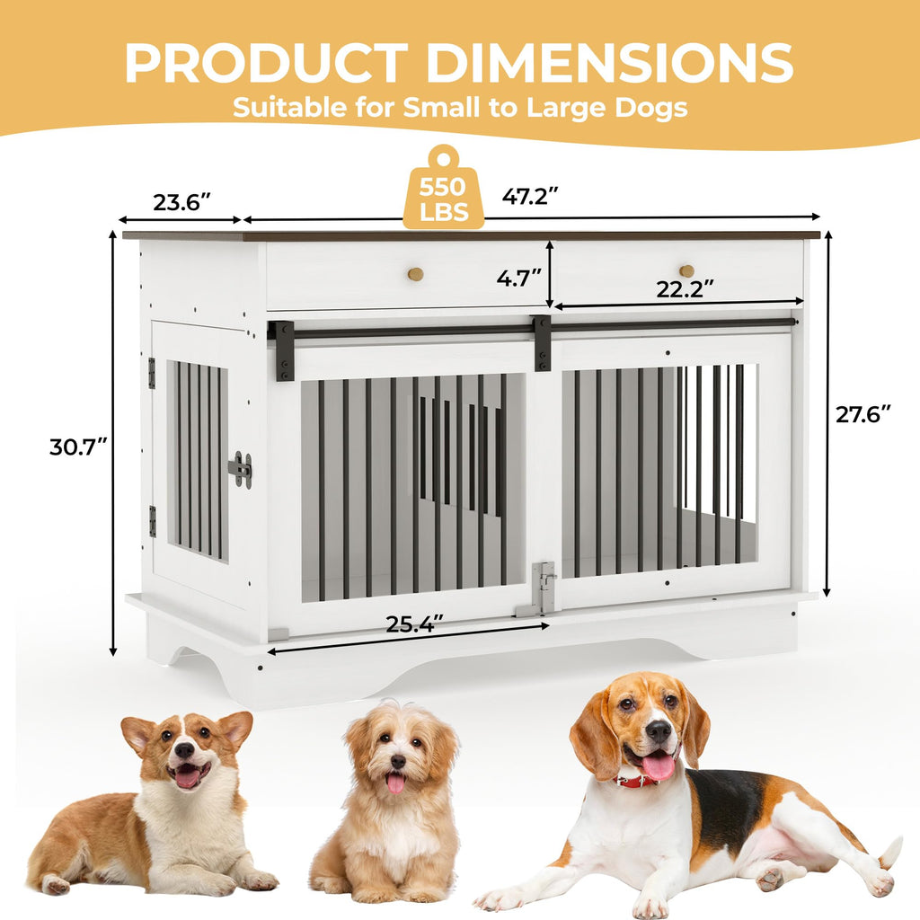 Garvee 47 in Dog Furniture Crate, Large Furniture Style Dog Crate w/ 2 Storage Draws & Removable Divider & Triple Door Design for Large/Medium/Small Dogs, White+Brown Table Top