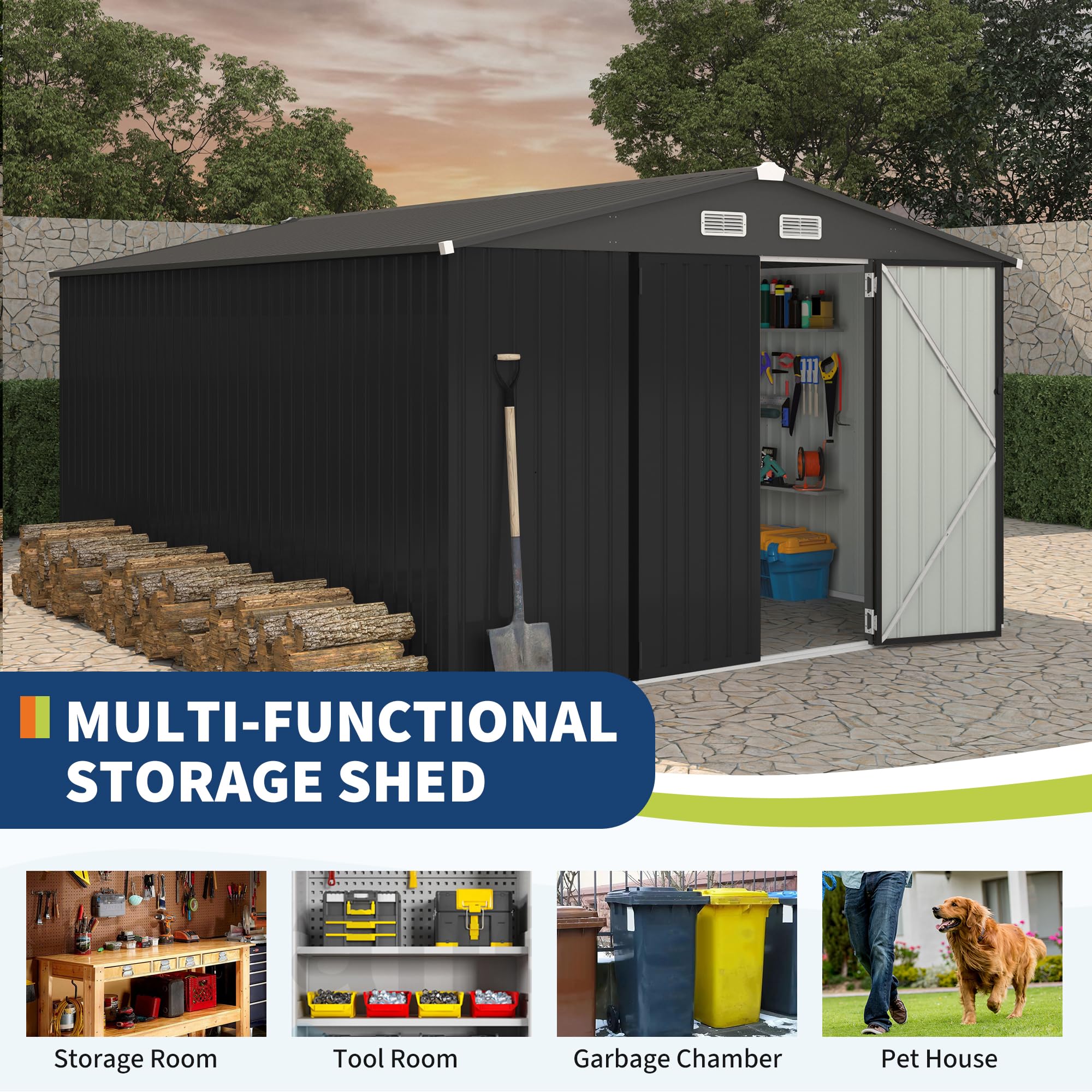 Garvee 10x14 Ft Metal Outdoor Storage Shed, Galvanized Garden Tool Shed with Lockable Doors, Air Vents & Sloped Roof, Gray Backyard Storage for Patio, Lawn & Garden