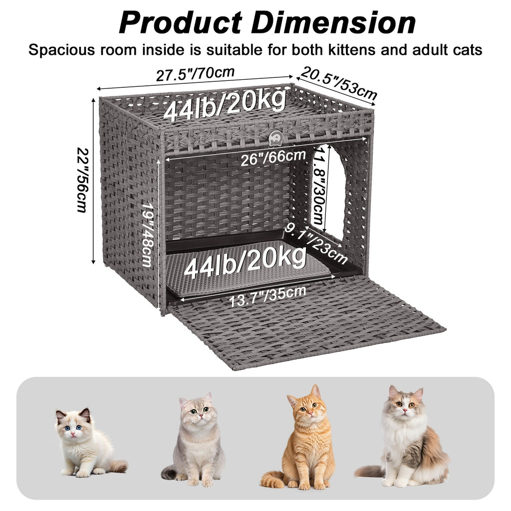 Garvee Handwoven Rattan Cat Litter Box Cabinet – Large Covered Enclosure with Removable Mat and Fence – Stylish Hidden Litter Furniture for Living Room or Apartment, Easy Assembly – Grey