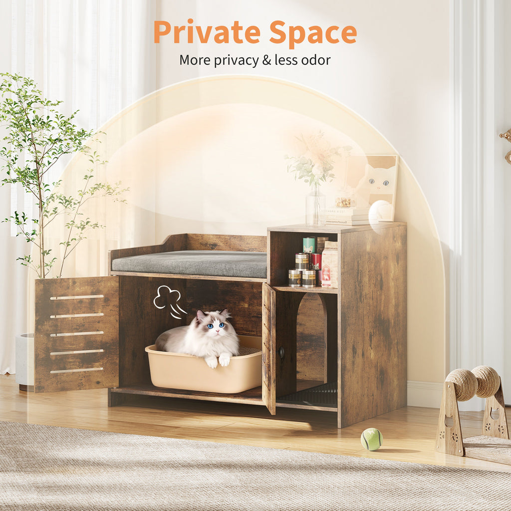 Garvee Cat Litter Box Enclosure, Hidden Litter Box Furniture with Litter Mat & Storage Shelf, Farmhouse Indoor Cat House Cabinet for Hallway, Bedroom, Brown