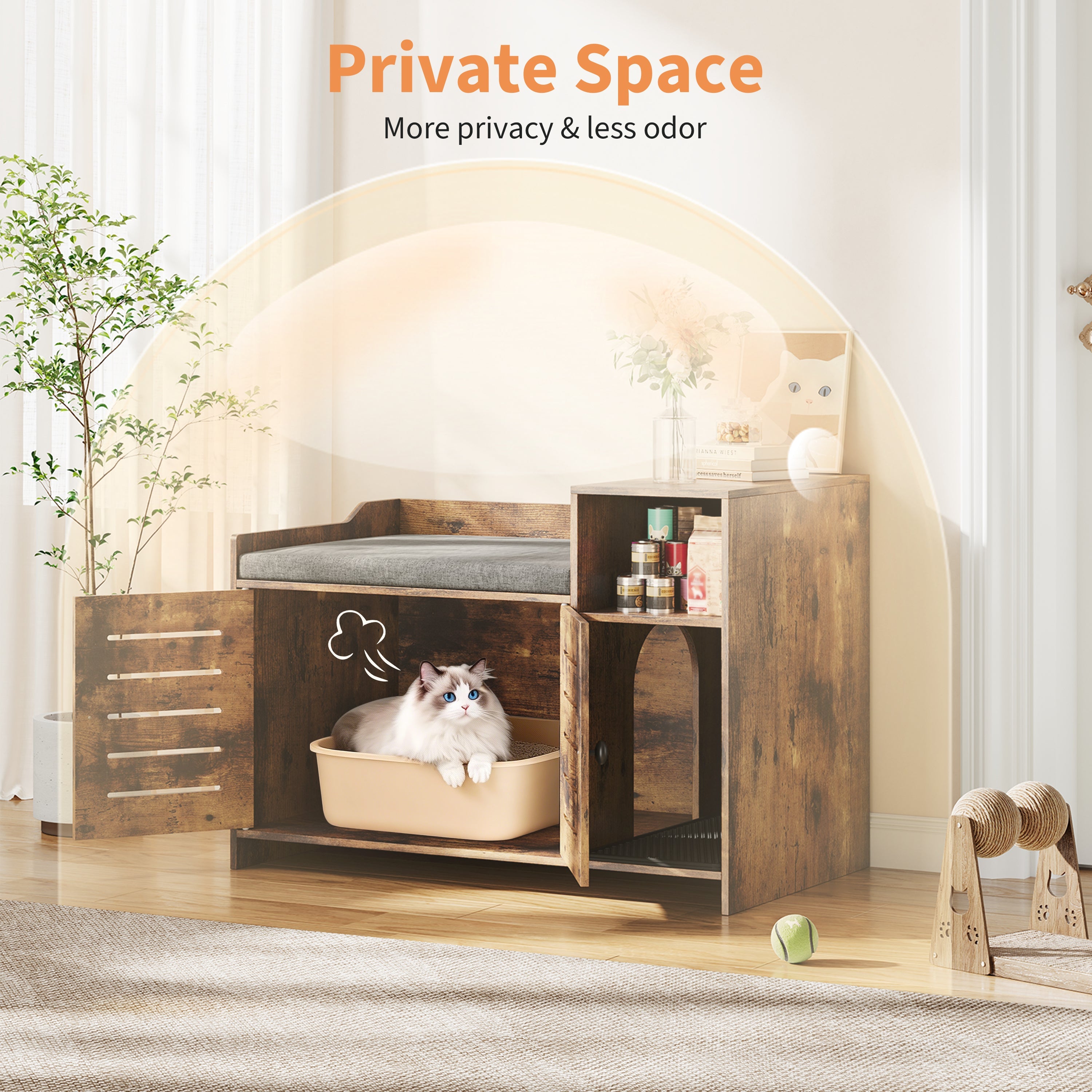 Garvee Cat Litter Box Enclosure, Hidden Litter Box Furniture with Litter Mat & Storage Shelf, Farmhouse Indoor Cat House Cabinet for Hallway, Bedroom, Brown